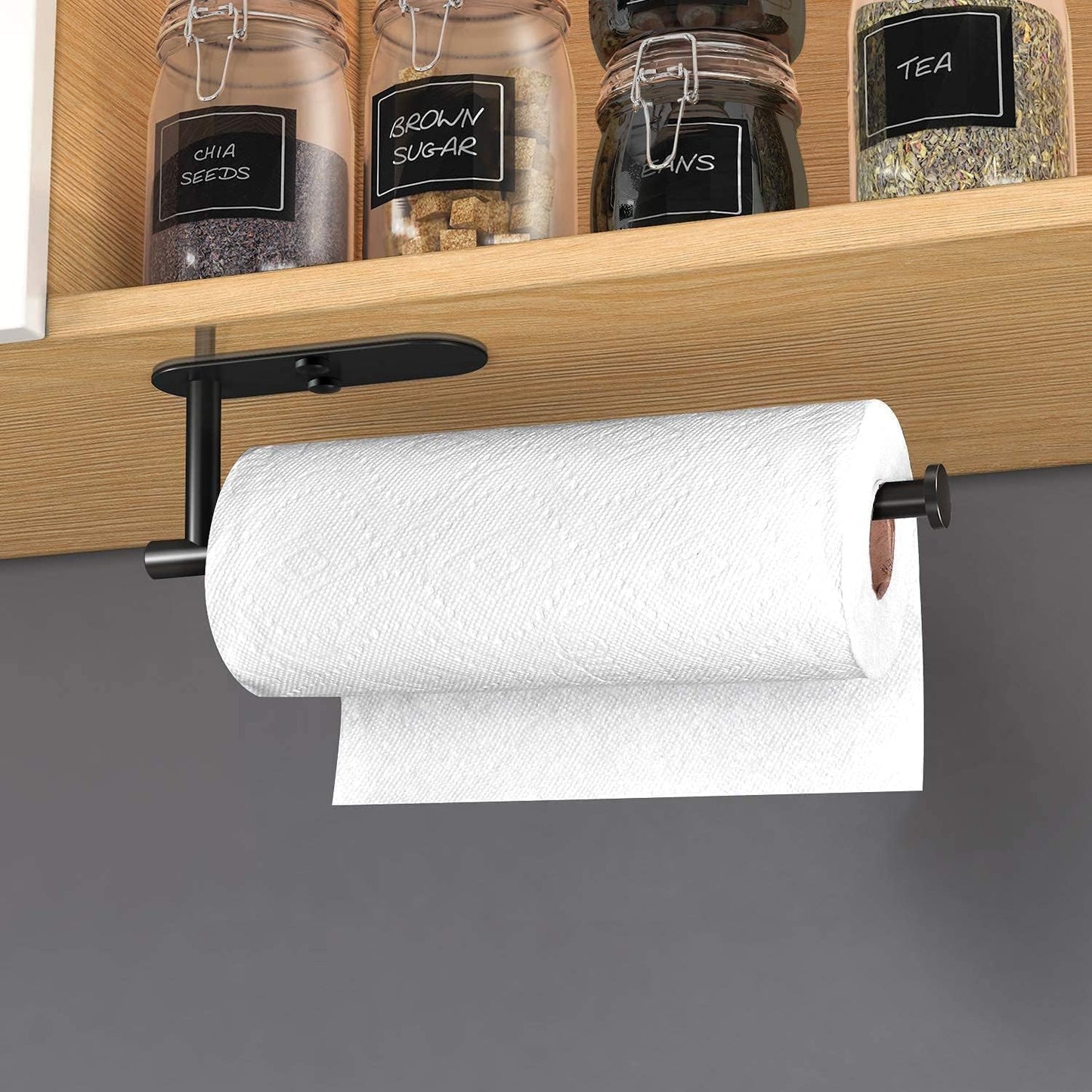 HUFEEOH Adhesive Paper Towel Holder Under Cabinet Wall Mount for Kitchen Paper Towel, Stainless Steel Paper Towel Roll Rack for Bathroom Towel (13inch, Black)
