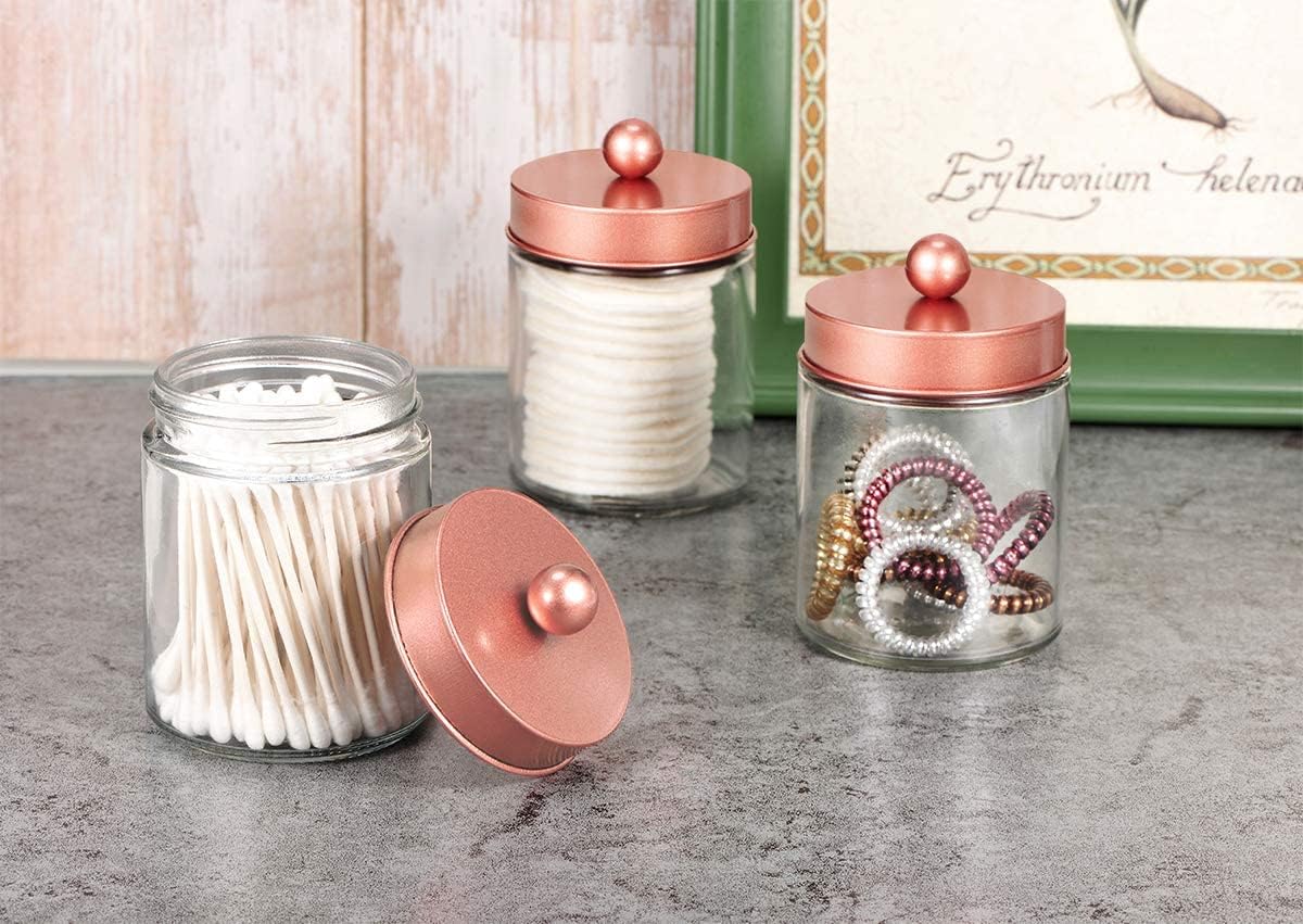 Amolliar Apothecary Jars Bathroom Storage Organizer -Countertop Storage Organizer Canister - Attractive Qtip Dispenser Holder Glass with Lid- for Cotton Swabs,Bath Salts,Hair Band / 2-Pack(Rose Gold)