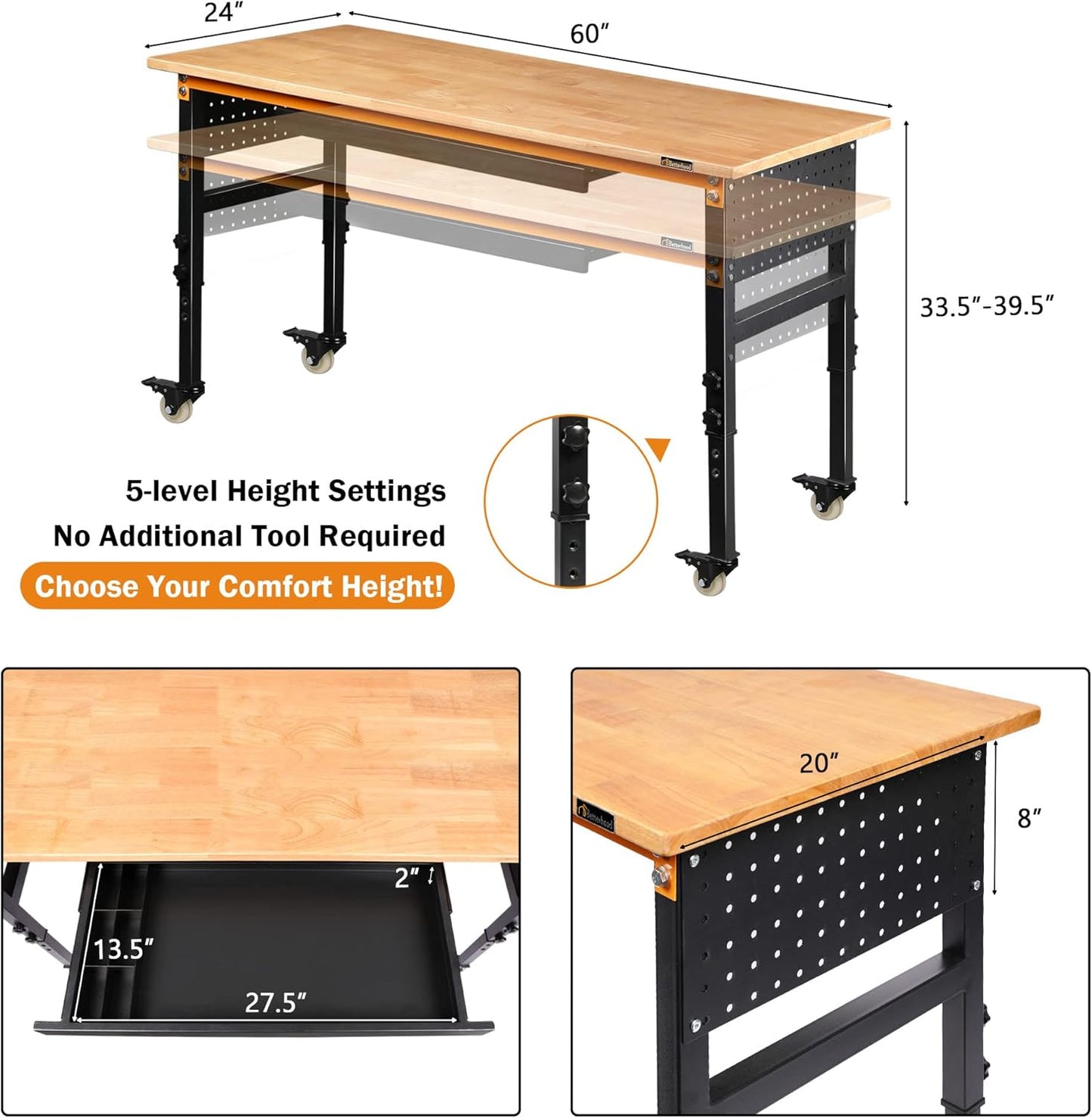 Betterhood 60" Adjustable Workbench for Garage, Rubber Wood Shop Table W/Wheels & Double Pegboards & Drawer, 2000 LBS Load Capacity Hardwood Worktable for Workshop, Garage, Office, Home, Commercial