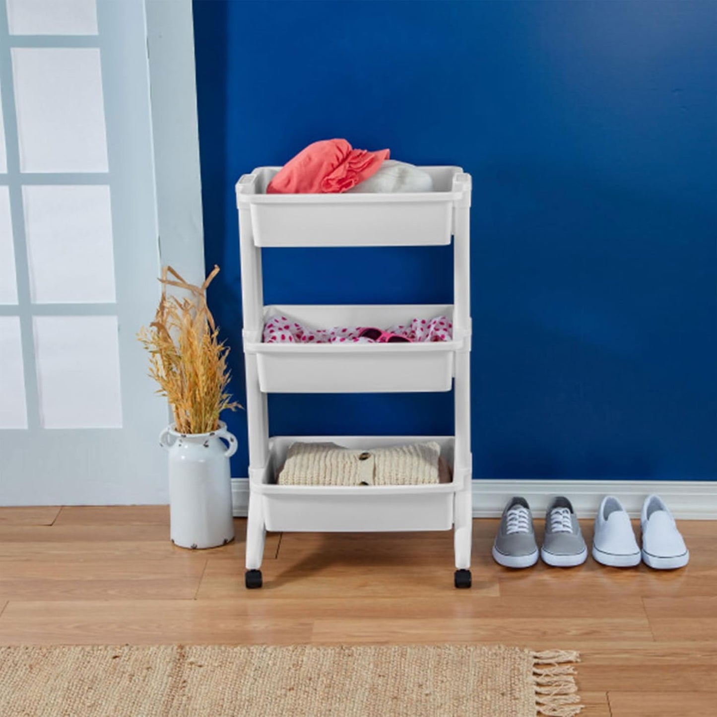 Sterilite 3 Tier Utility Cart Portable Storage Open Bin Organizer with 360 Degree Smooth Rolling Caster Wheels, Supports 10 lb Per Tier, White, 3-Pack