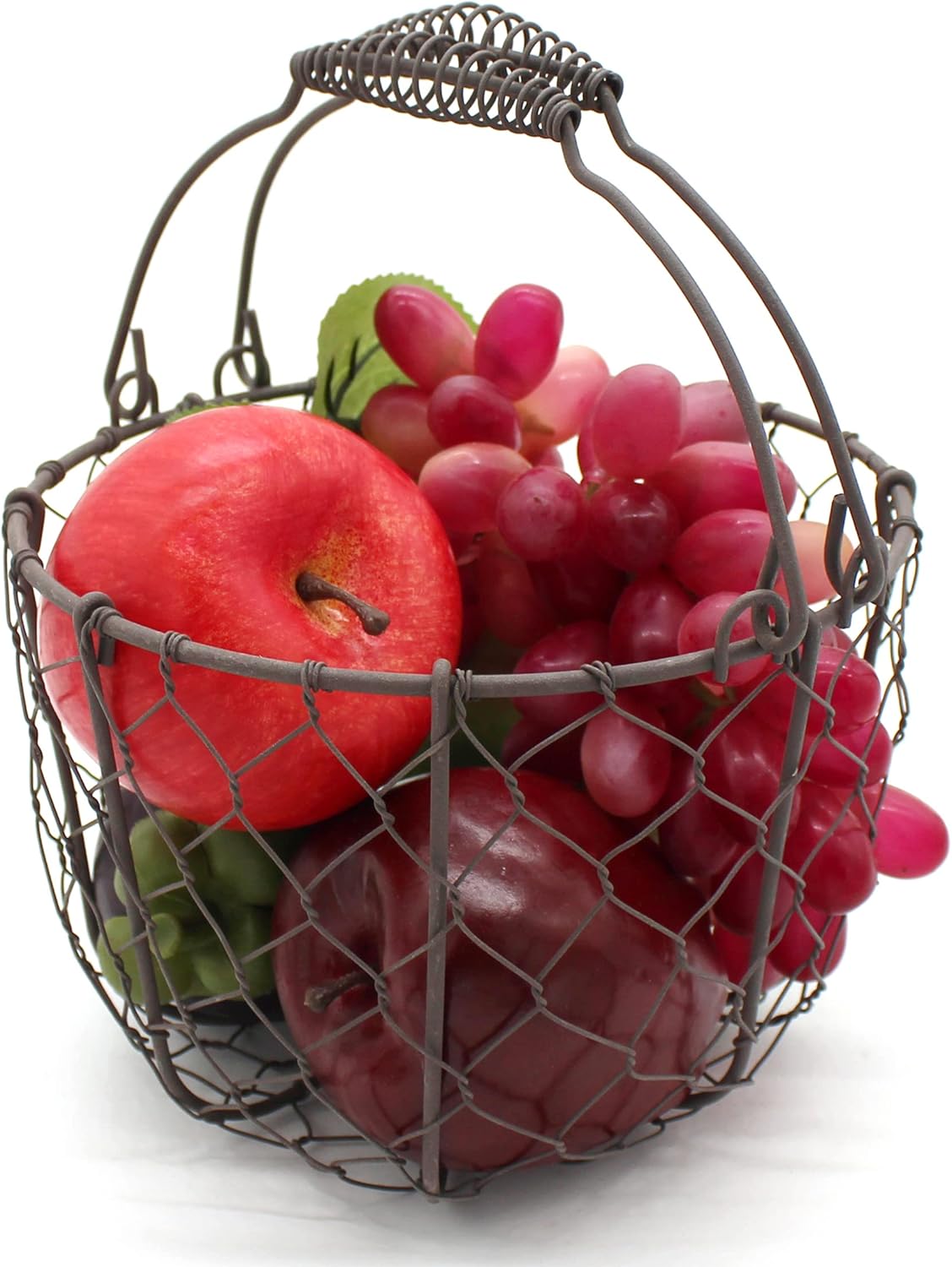 CVHOMEDECO. Round Chicken Wire Egg Basket Fruit Basket with Swing Handles Primitives Vintage Gathering Basket. Rusty