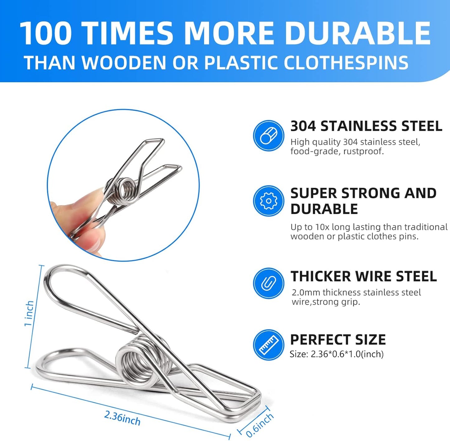 40 Pack Wire Clothes Pins Heavy Duty Outdoor, Stainless Steel ClothesPins for Hanging Clothes, Metal Clothes Pegs, Clothing Clips, Laundry Pins 2.0mm Diameter 6cm Long