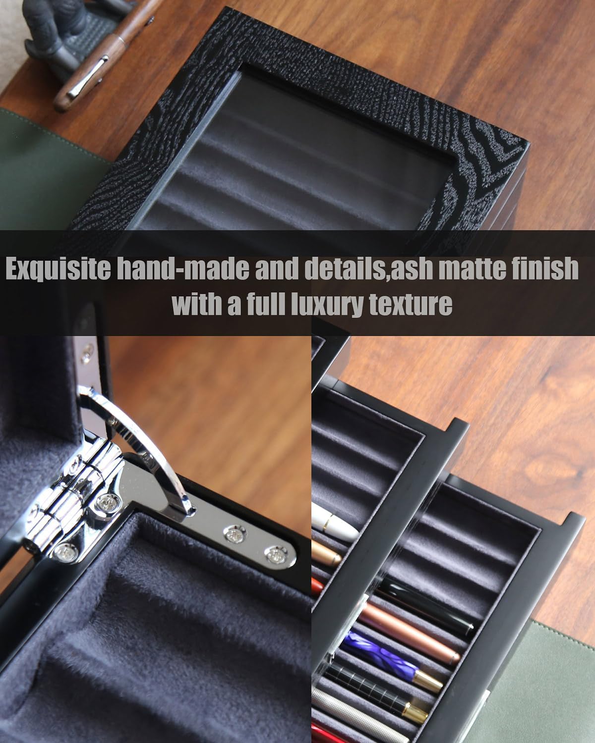 Wood Pen Display case 24 Slot Fountain Pen Box Storage Organizer with Drawer, Top Glass Window Pen Collection Display Case