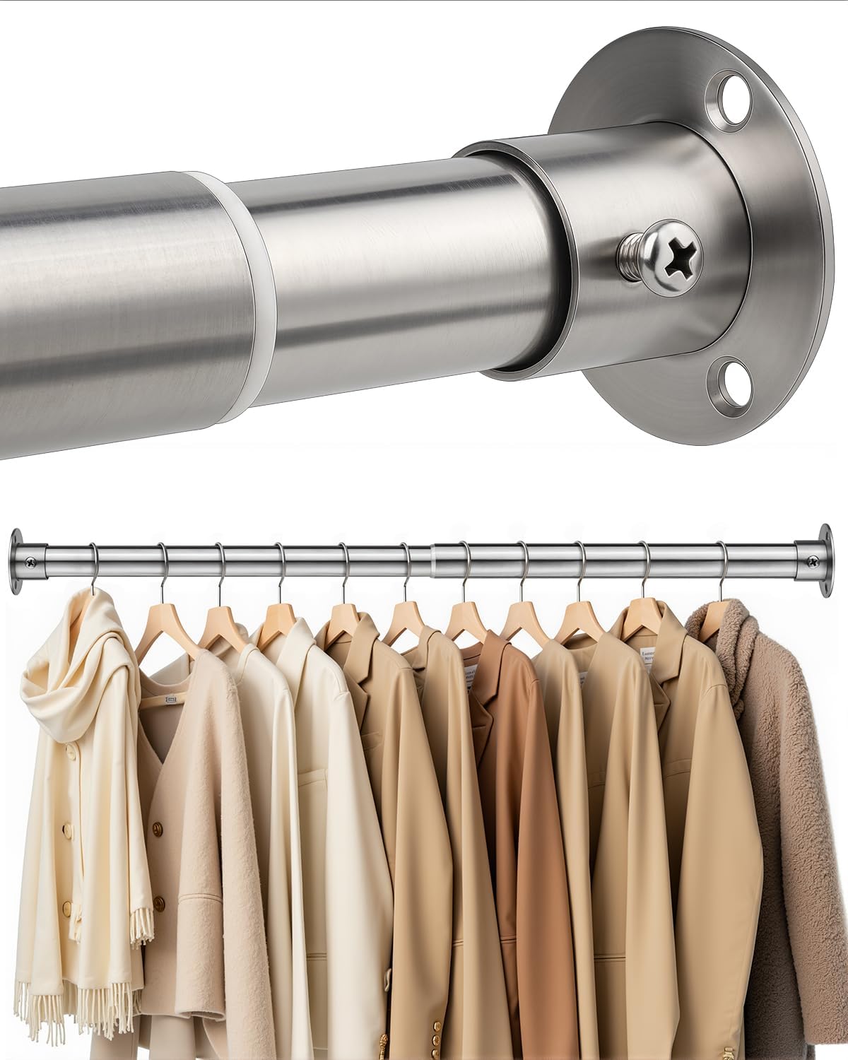 Closet Rods for Hanging Clothes, 17-64 Inch Heavy Duty and Stepless Adjustable Closet Poles, Stainless Steel Closet Hanging Rod for Closet, Wardrobes, Laundry Room, Bathroom, RV (Silver)