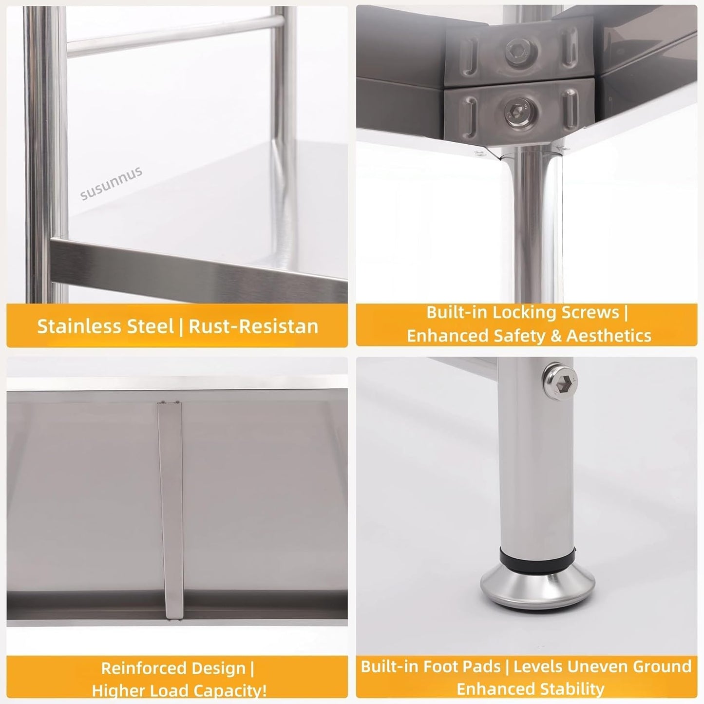 susunnus Stainless Steel Shelf,Kitchen Storage Shelves,Microwave and Mini Fridge Shelf,Laundry Machine Rack,Adjustable Height,Open Lower Tier,Laundry Room, Repository (3tier(31.5 * 15.7 * 66.1in))