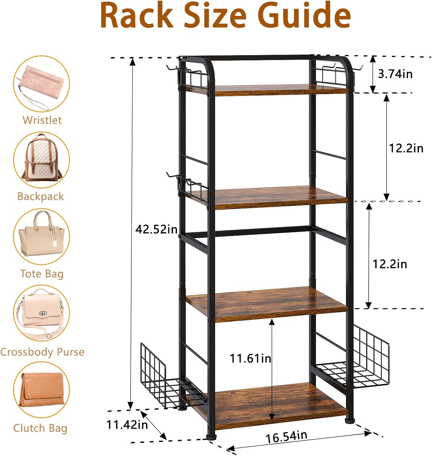 4-Tier Purse Organizer for Closet with 3 Side Hooks and 2 Baskets, High Capacity Purse Rack Stand for Purse Storage, Metal & Wood Handbag Holder for Handbag Organizer, Patent Pending