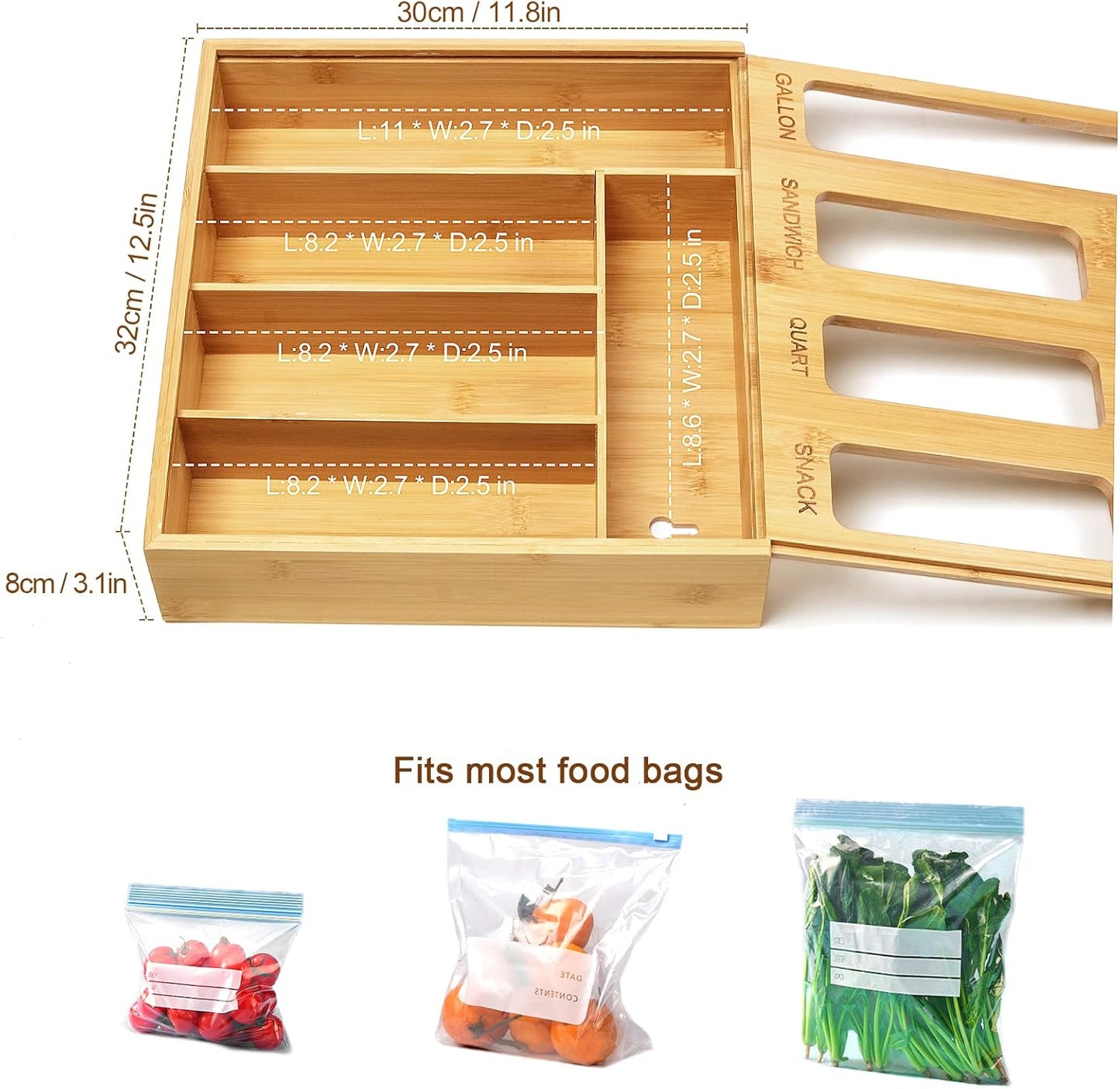 Plastic Bag Organizer for Drawer, Bamboo Food Storage Bags Container Organizer with Slider, Baggie Bags Storage for Drawer Compatible with Gallon, Sandwich Variety Size Bags