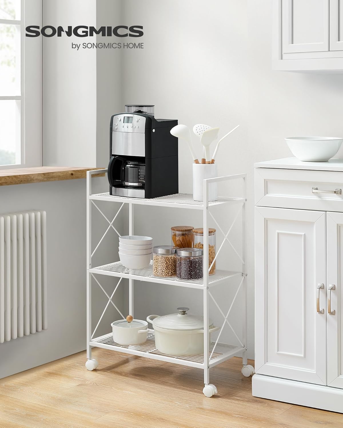SONGMICS 3-Tier Metal Storage Rack with Wheels, Mesh Shelving Unit with X Side Frames, 23.6-Inch Width, for Entryway, Kitchen, Living Room, Bathroom, Industrial Style, White UBSC163W01