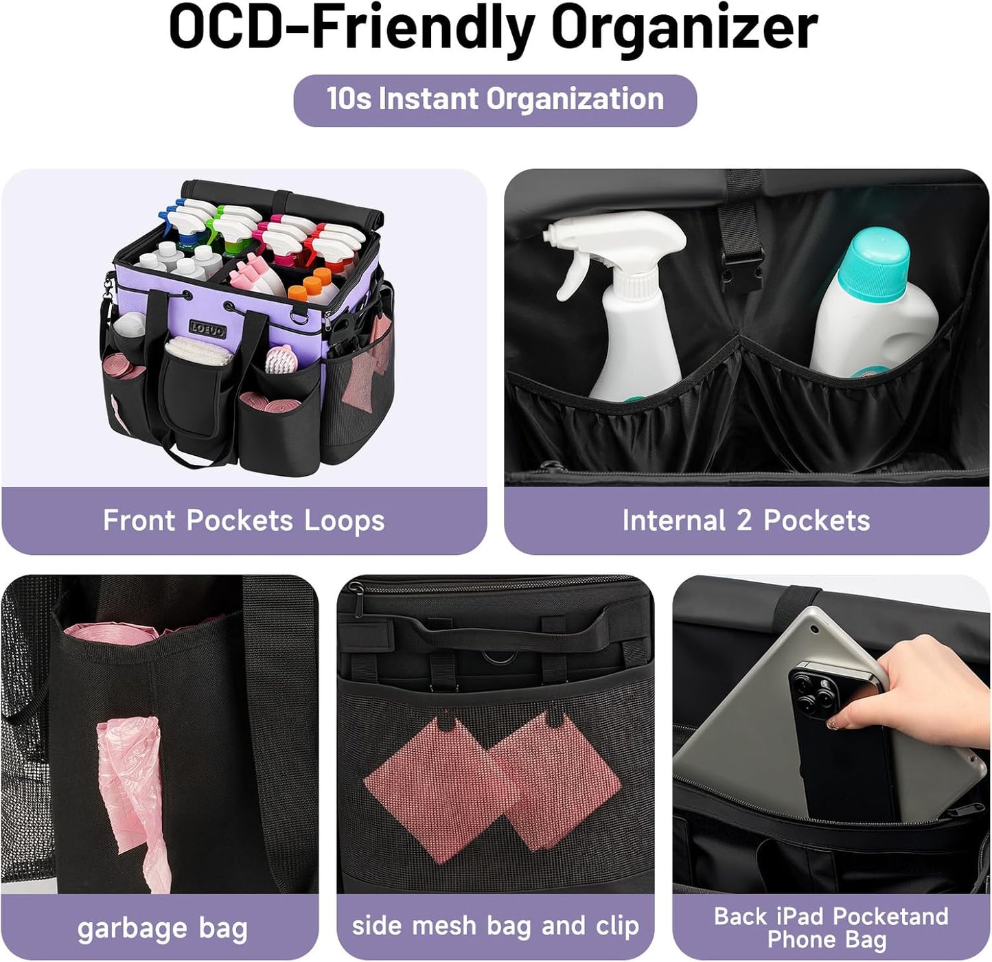 Large Cleaning Caddy for Cleaning Supplies Organizer, Rolling Cleaning Caddy Bags with Wheels for Housekeepers, Cleaning Carts on Wheels for Home Car Office Picnic