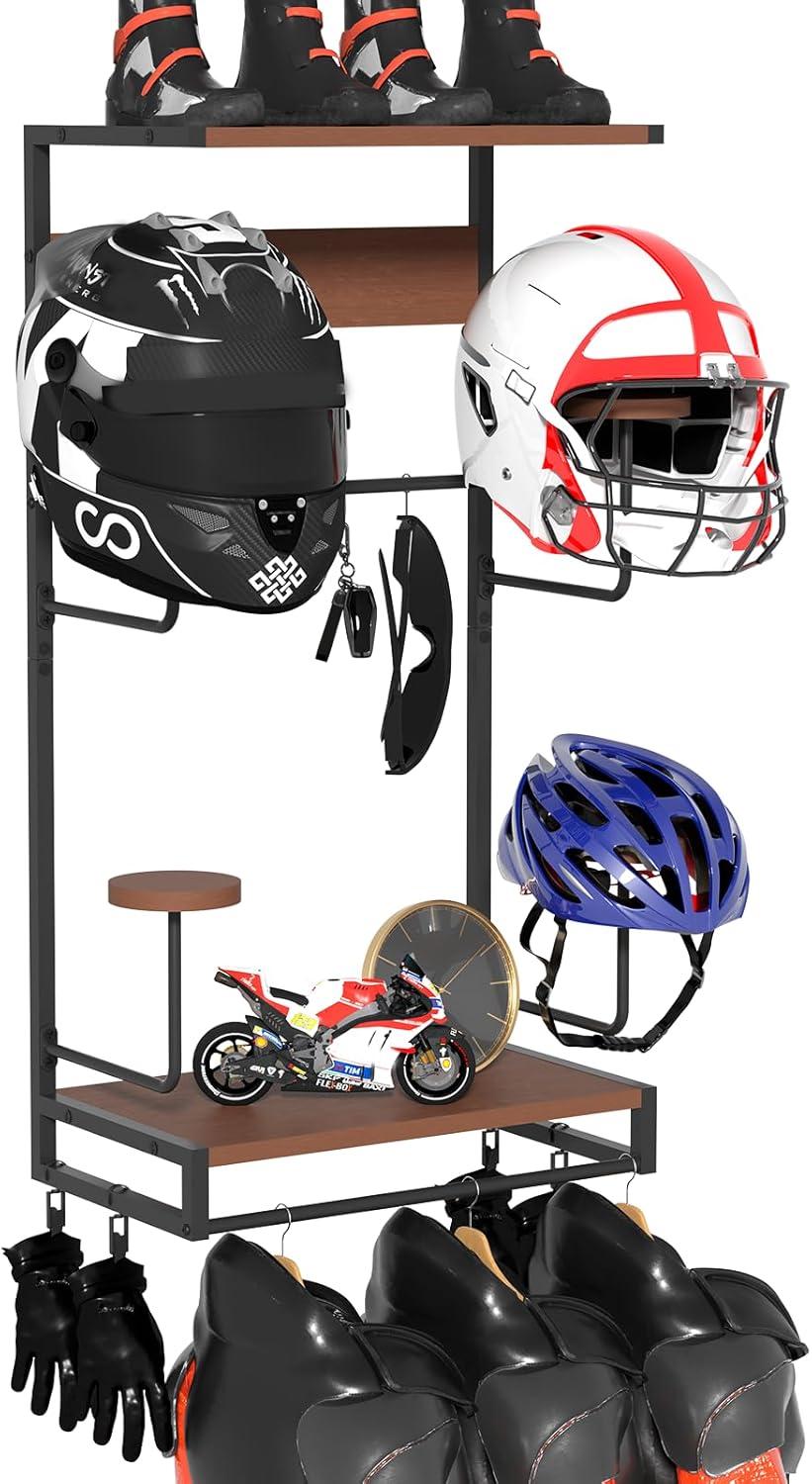 Motorcycle Helmet Holder Wall Mount, Rustic Helmet Rack With 4 Hat Stands and 2 Wooden Shelves, Motor Gear Accessories Storage for Men, 4 Clips, 5 Hooks for Glove Key Jacket Hanging