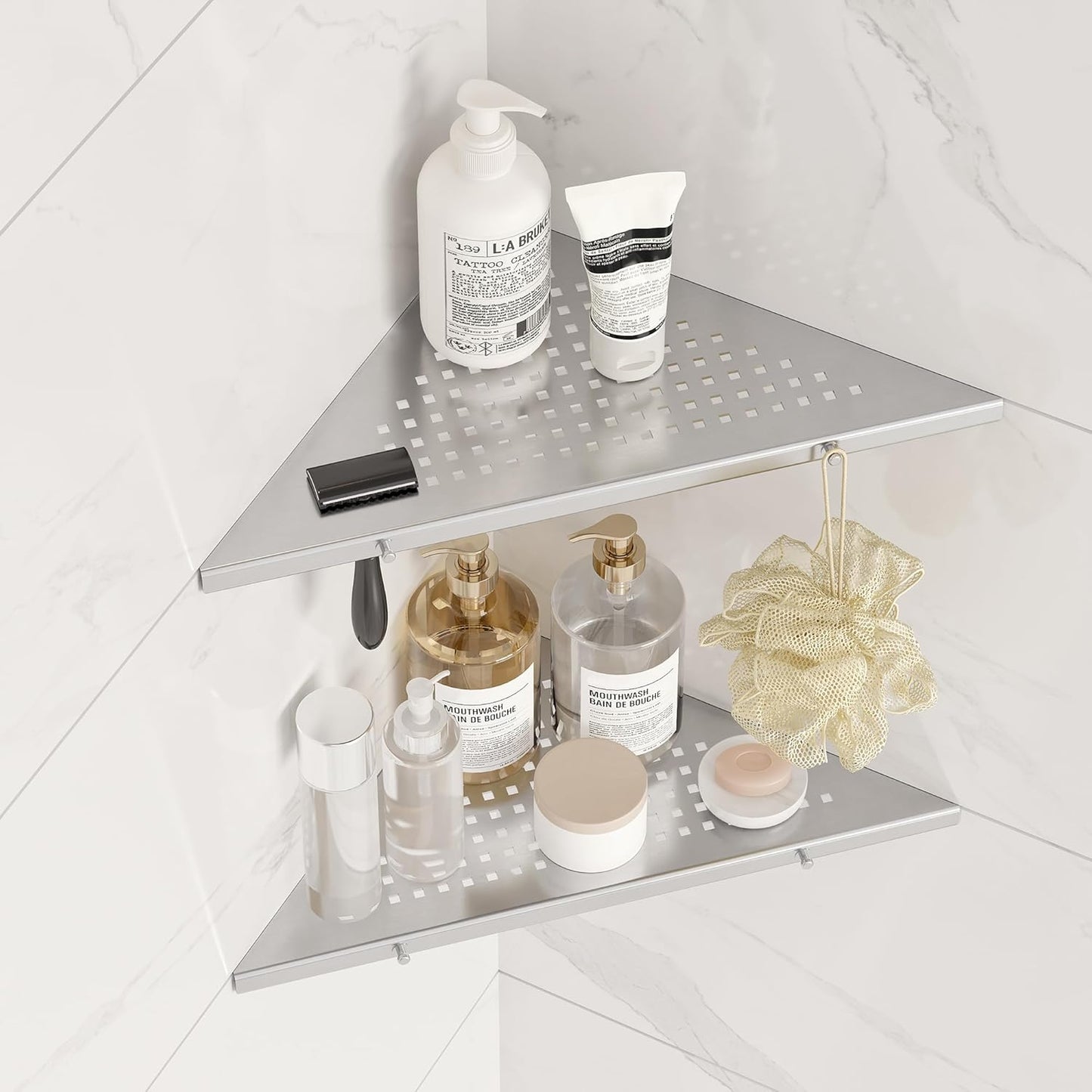10" Bathroom Corner Shelf, 2 Pack Recessed Shower Shelf Caddy, SUS304 Stainless Steel Shelf Wall Mount Triangular, No Drilling Brushed Nickel
