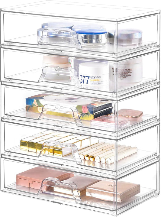 5 Pack Makeup Organizer Stackable, 12.1''L Bathroom Organizer and Storage Acrylic Undersink Drawer Organizer, Cosmetics and Beauty Supplies,Clear Plastic Storage Bins for Vanity,Pantry,Cabinet,Kitchen