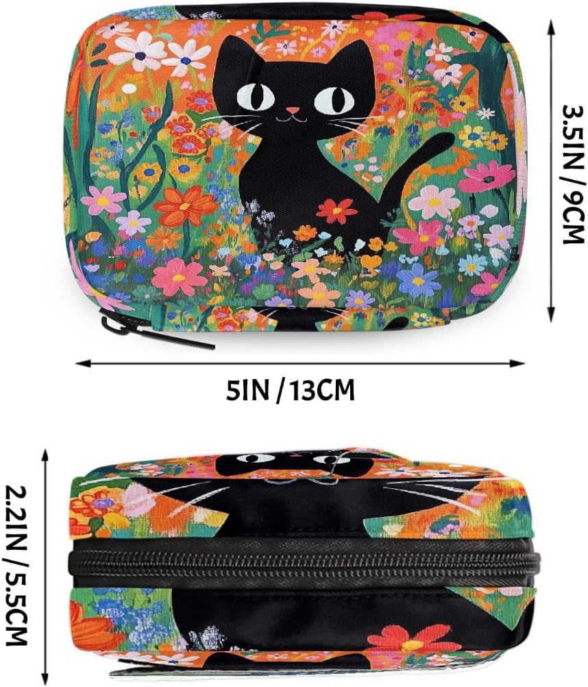 Cute Black Cat Flowers Pill Organizer Travel Medicine Case with Zipper Daily Vitamin Storage Bag Portable 8 Slot Weekly Pill Box Supplement Holder for Home Office Gym Travel
