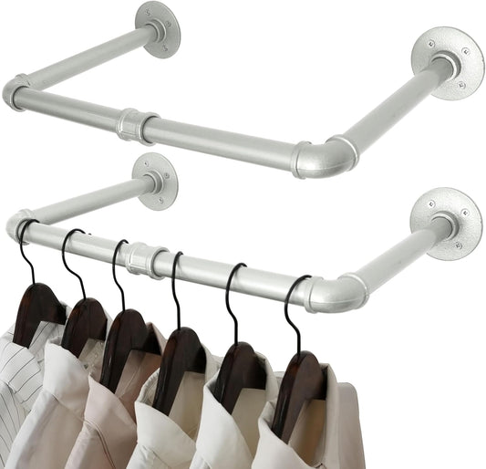 WEBI Industrial Pipe Clothing Rack,20" Wall Mounted Clothes Rack for Hanging Clothes,Heavy Duty Metal Garment Rack Bar Wall Mount Clothing Rod for Closet,Laundry Room,Silver,2 Packs