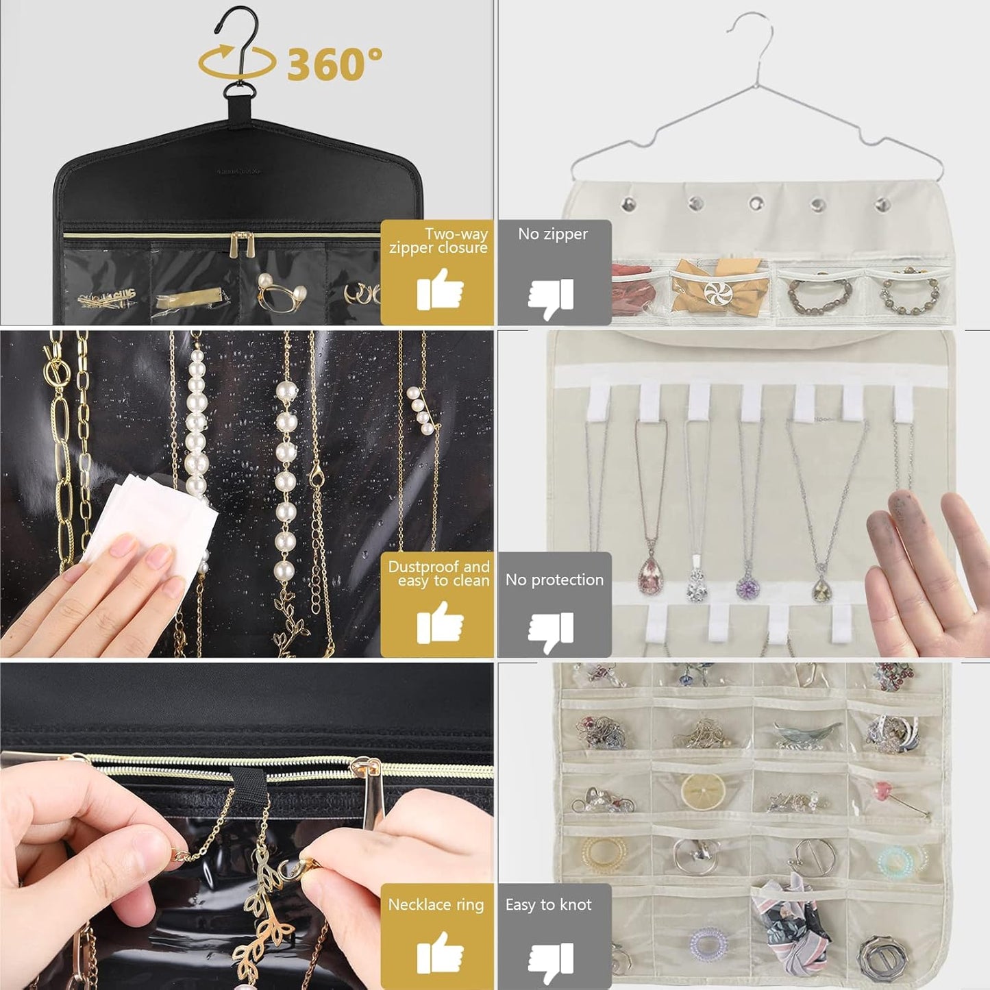 CHICECO Travel Jewelry Holder Organizer,Hanging Jewelry Organizer Storage with Zippered Pockets for Cloest,Jewelry Holder for Earrings, Necklaces（Black）