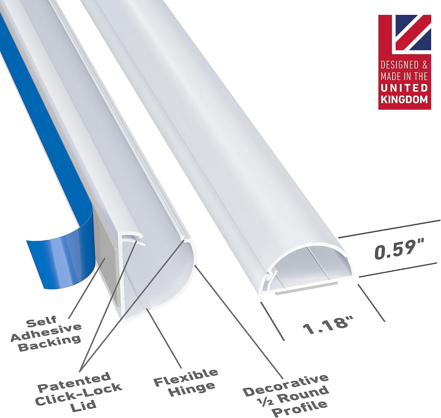 D-Line Medium Cord Cover Kit, 30ft Self-Adhesive Wire Hider, Half Round Cord Covers, Paintable Cable Management - 6X 5ft Channels and 10 Accessories