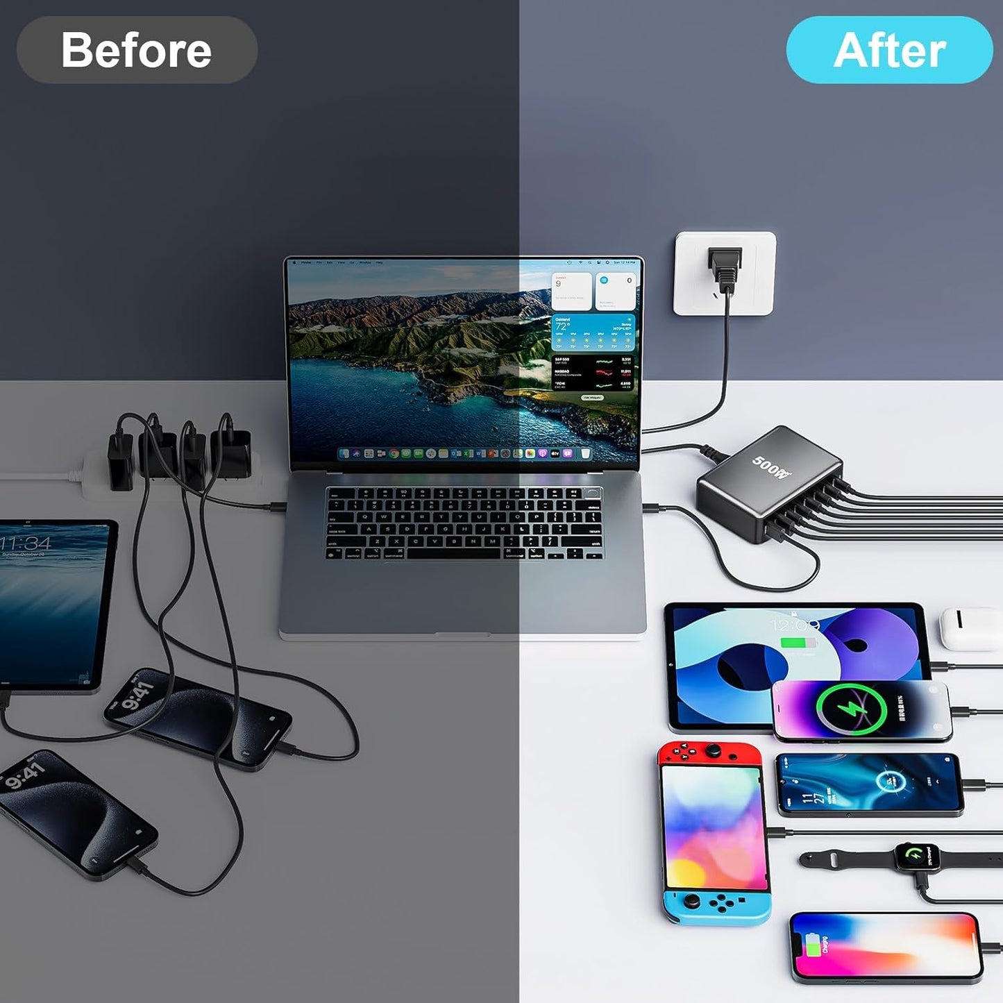 500W USB C Fast Charger Block, 8 Port USB Charging Station, GaN Ⅲ Pro Double 100W PD PPS Port Fast Charging Station for Multiple Devices,Laptop Wall Charger Compatible with MacBook, iPhone 17,iPad etc