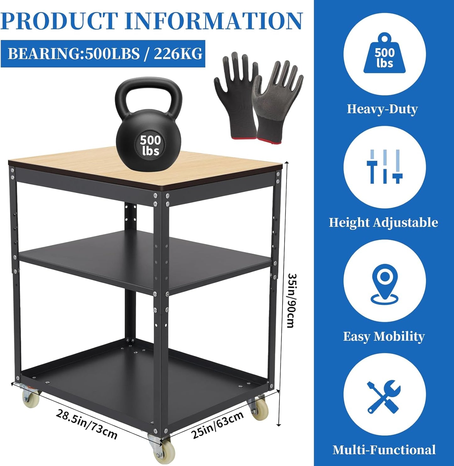 Adjustable Planer Stand with Wheels, Heavy Duty Planer Table for Miter Saw, Table Saw, and Power Tools, 500 lbs Capacity 3-Tier Steel Tool Stand with Storage Shelves for Workshop & Garage