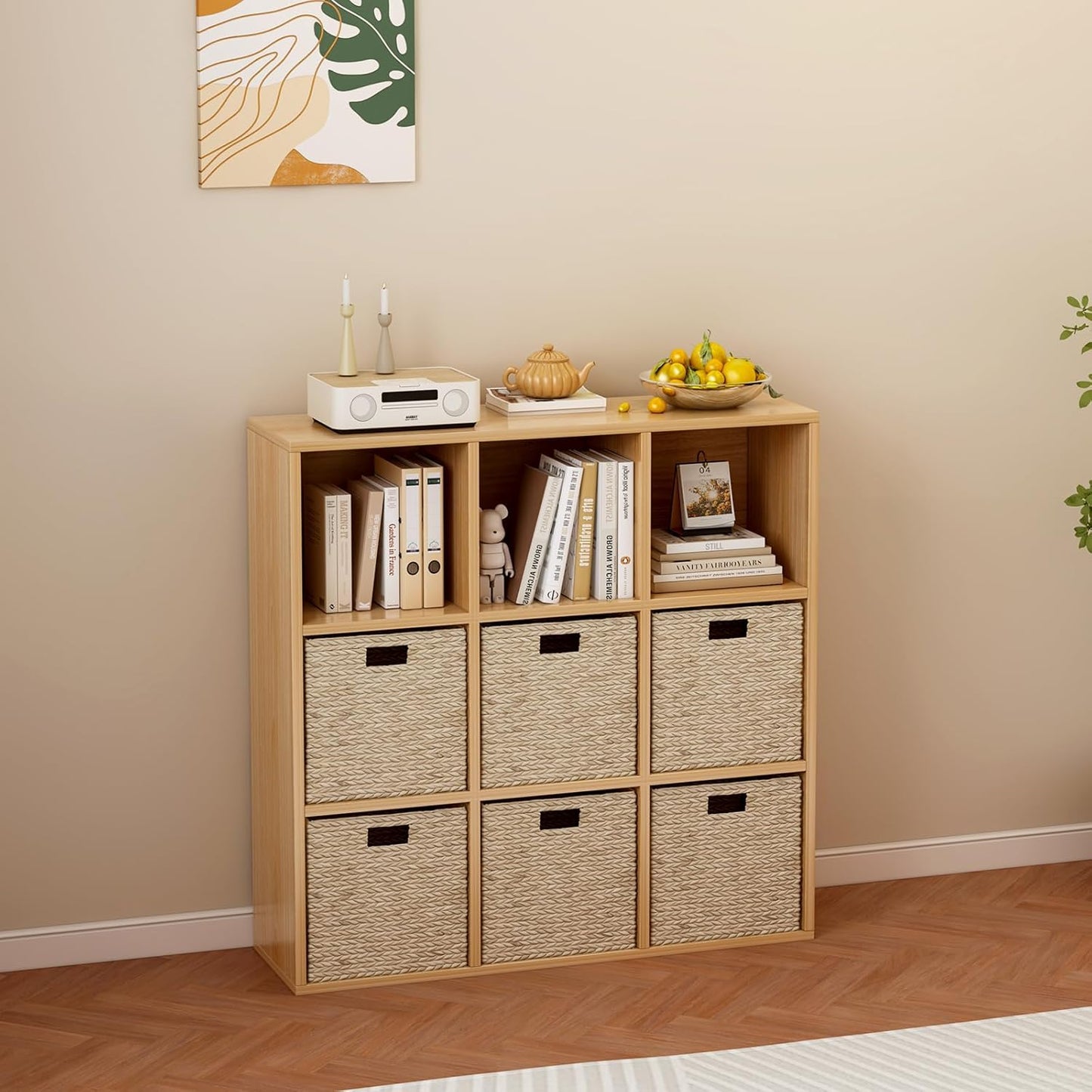 9-Cube Storage Shelf Bookcase - Wooden 3-Tier Floor Standing Open Bookshelf for Home and Office, Display Cabinet, Oak
