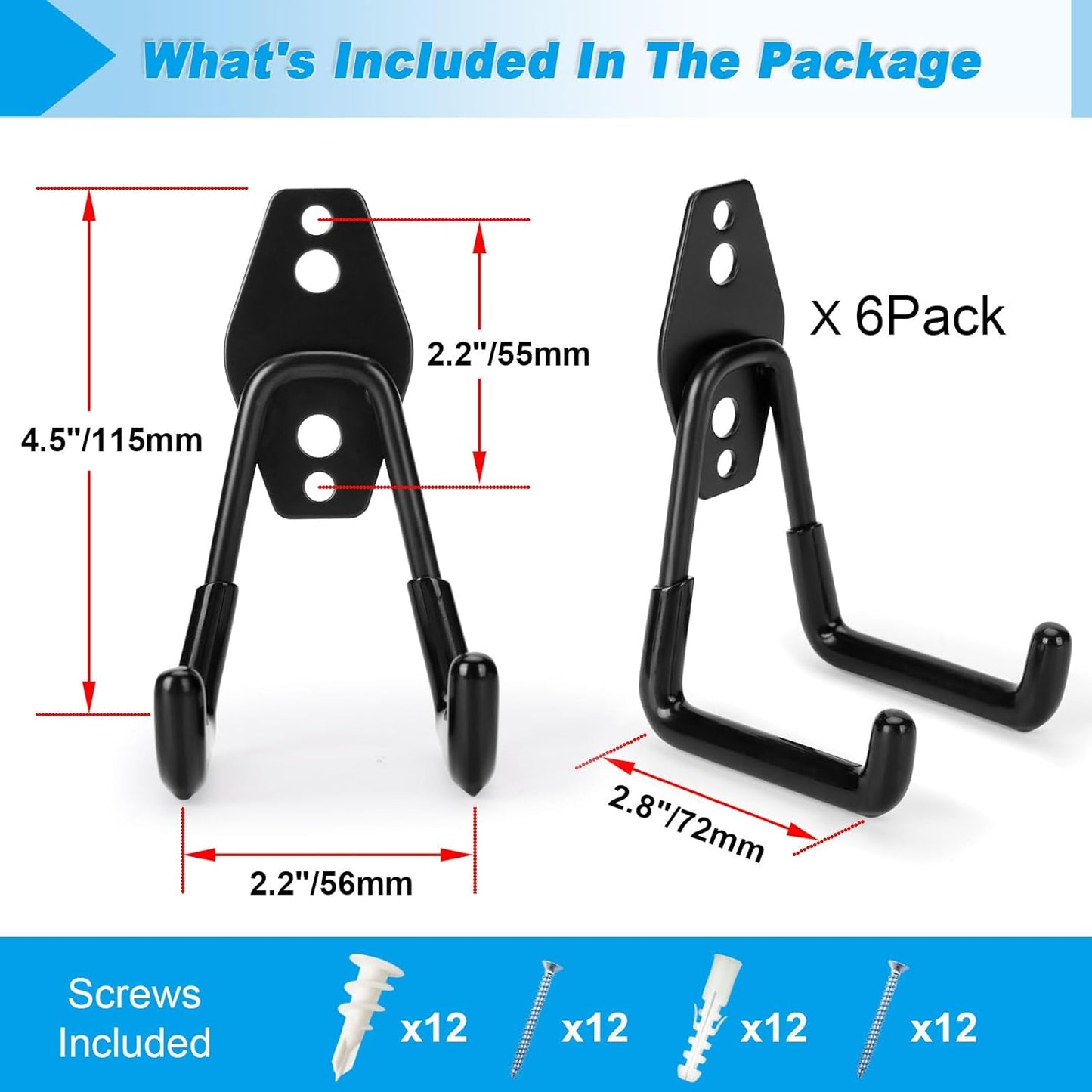 6 Pack Garage Hooks Heavy Duty - Supports 100 lbs, Utility Steel Garage Hanger & Organizer for Organizing Garden Lawn Tools, Ladders, Garden Hose, Digging Shovel, Bikes, Ropes
