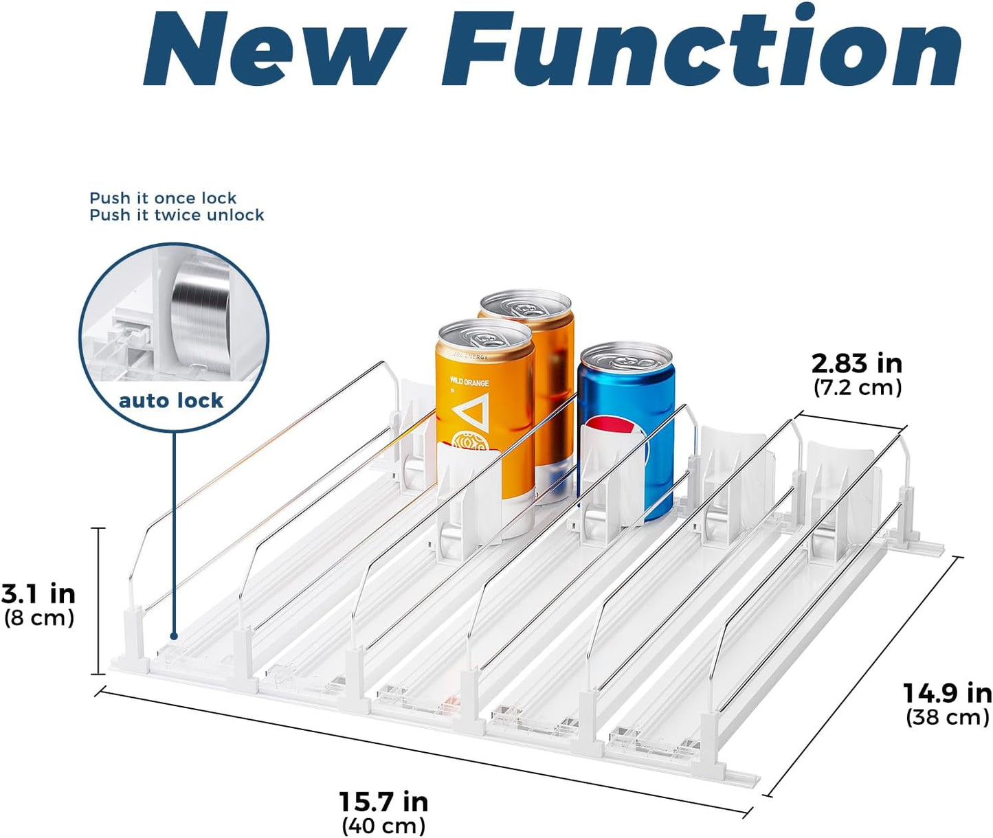 Puricon Fridge Drink Organizer - Spring Loaded, Self Pushing Soda Can & Beer Bottle Organizer - 5 Rows, White