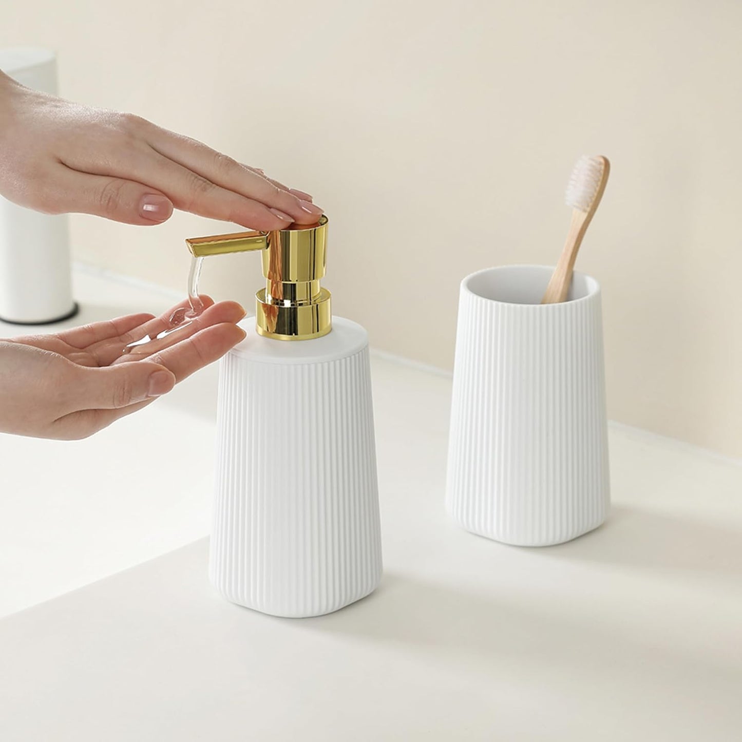 Bathroom Accessories 2 Piece Soap Dispenser and Toothbrush Holder Set Striped White and Gold