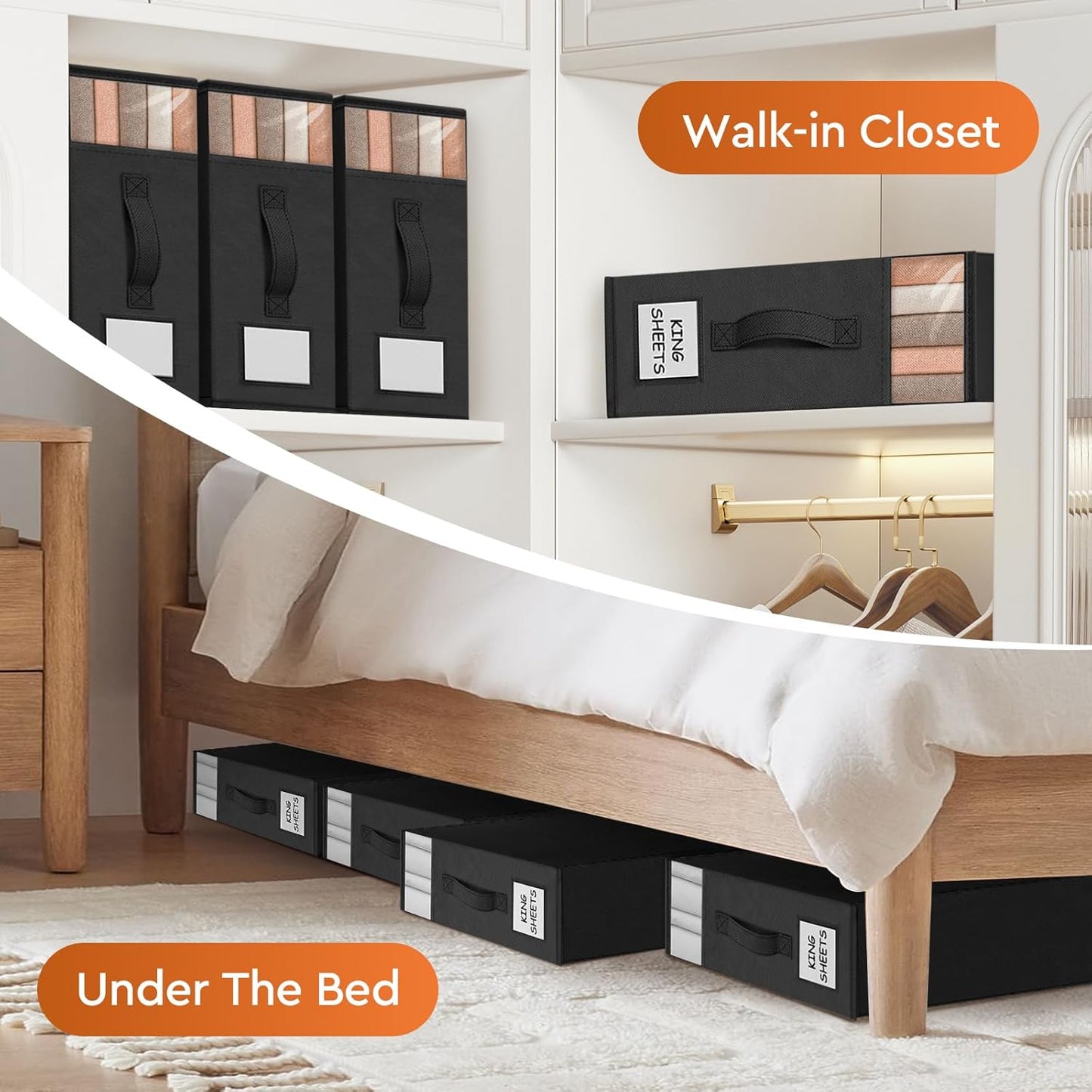 2 Pack Bed Sheet Closet Organizers and Storage,Sturdy Foldable Storage Containers with Window and Label,Storage and Organization for Bedding Sheets,Duvet Covers,Blankets (Black)