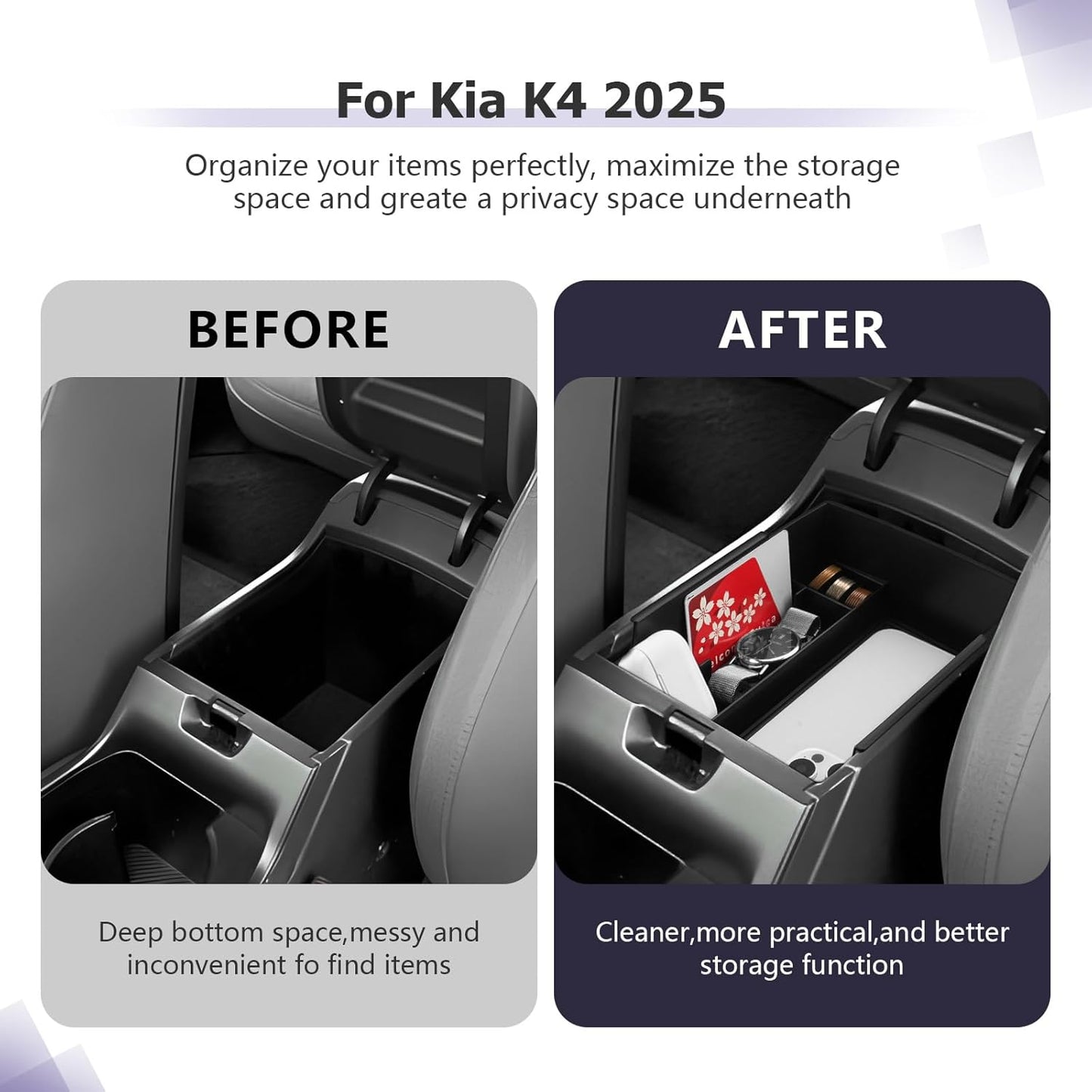 LUWU 2025 K4 KIA Center Console Organizer Compatible with 2025 Kia K4 LX/LXS/EX/GT-Line/GT-Line Turbo Accessories Armrest Console Organizer Armrest Insert Tray 2025 Kia K4 Black-Trim
