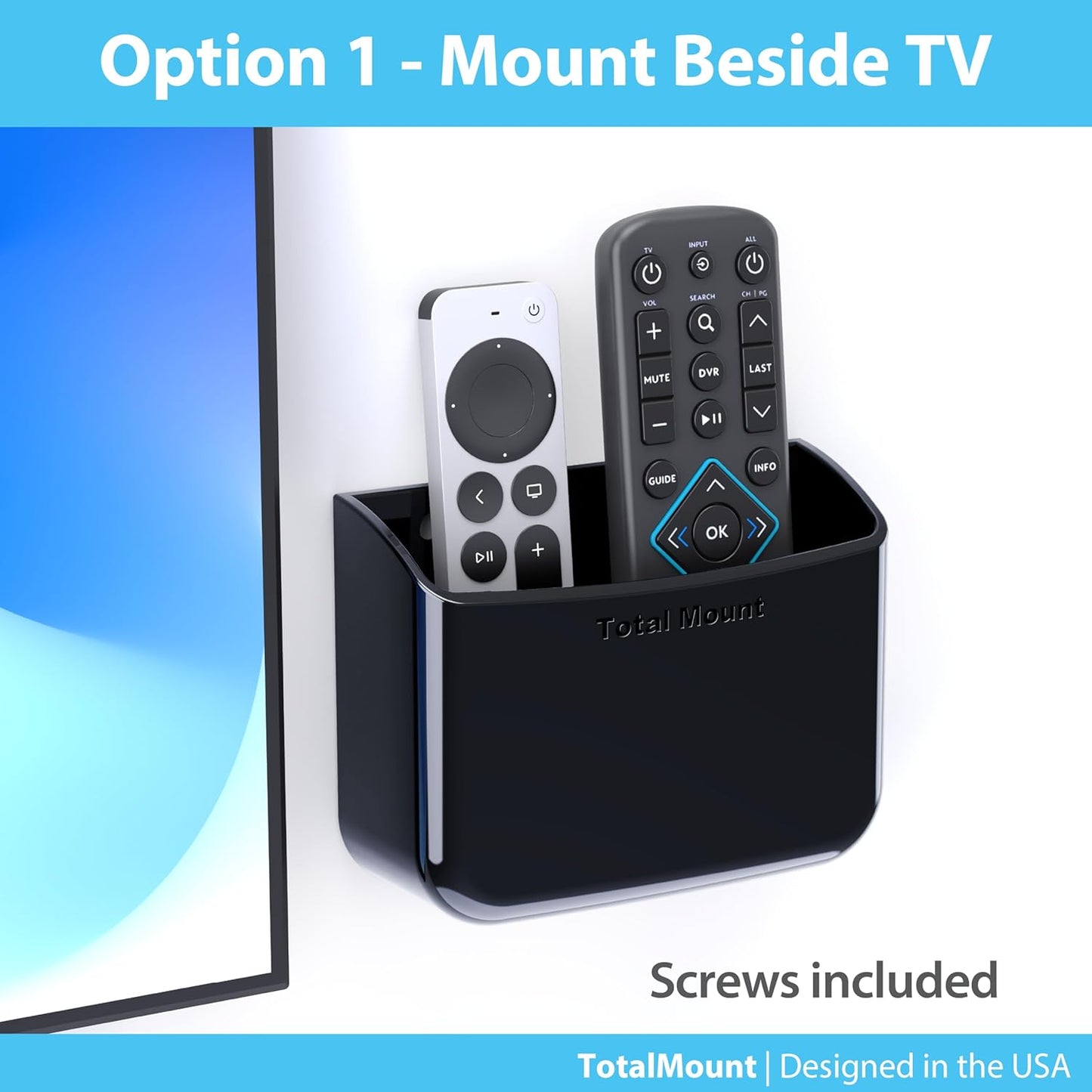 TotalMount Universal Remote Control Holder – Attaches to Wall or Back of TV – Compatible with All TV Remotes (Premium Black, Large Two Pack)