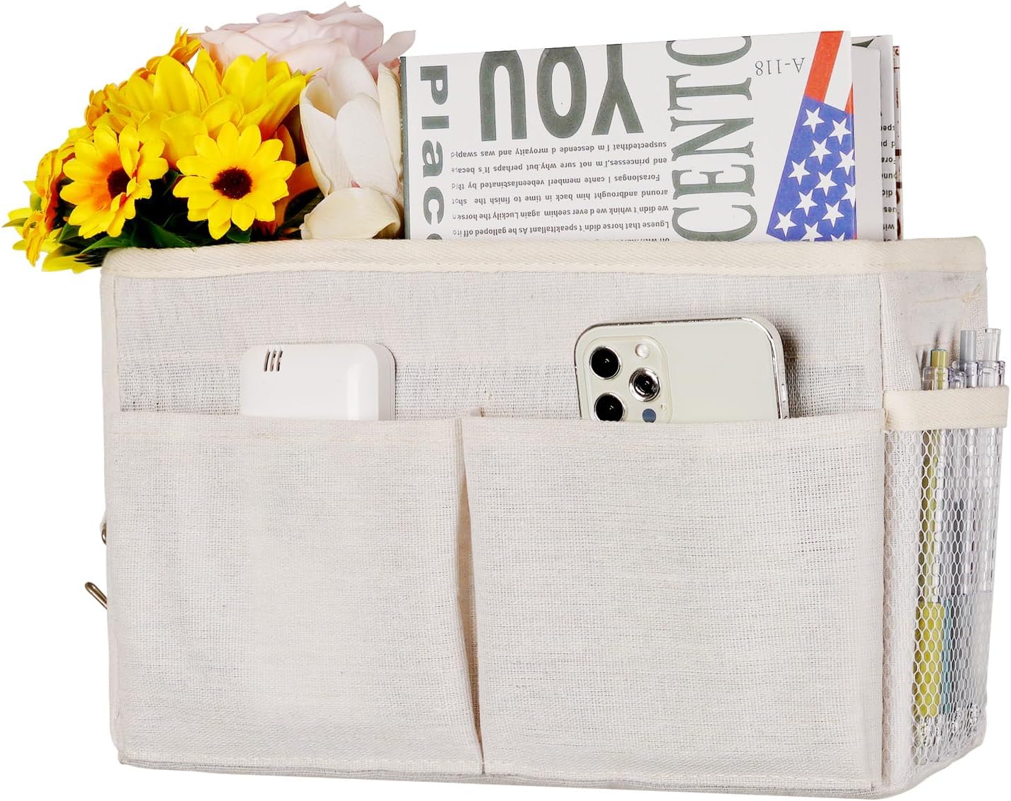 Bedside Caddy Hanging Storage with Water Bottle Holder for Bunk Bed Hospital Bed Dorm Rooms (White)