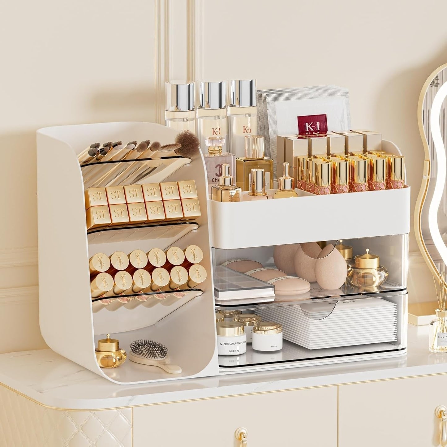 Makeup Organizer with Brush Holder for Vanity,Countertop Makeup Organizer with Drawers,Spacious Cosmetic Display Case,Perfect Storage Solution for Your Beauty Essential