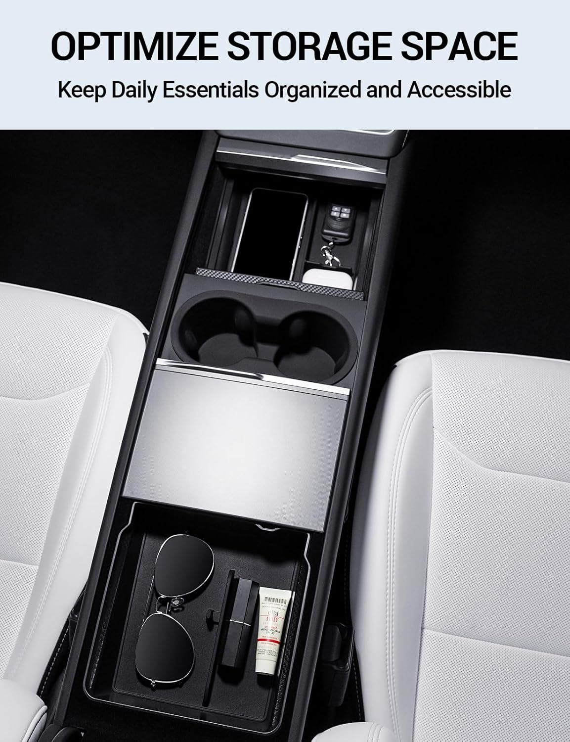 Motrobe 2026 Tesla Model Y Tesla Model 3 Center Console Organizer Tray Cup Holder Magnetic Armrest Hidden Storage Box Model 3 Highland Model Y Juniper (Standard/Premium/Performance) Accessories 4PCS