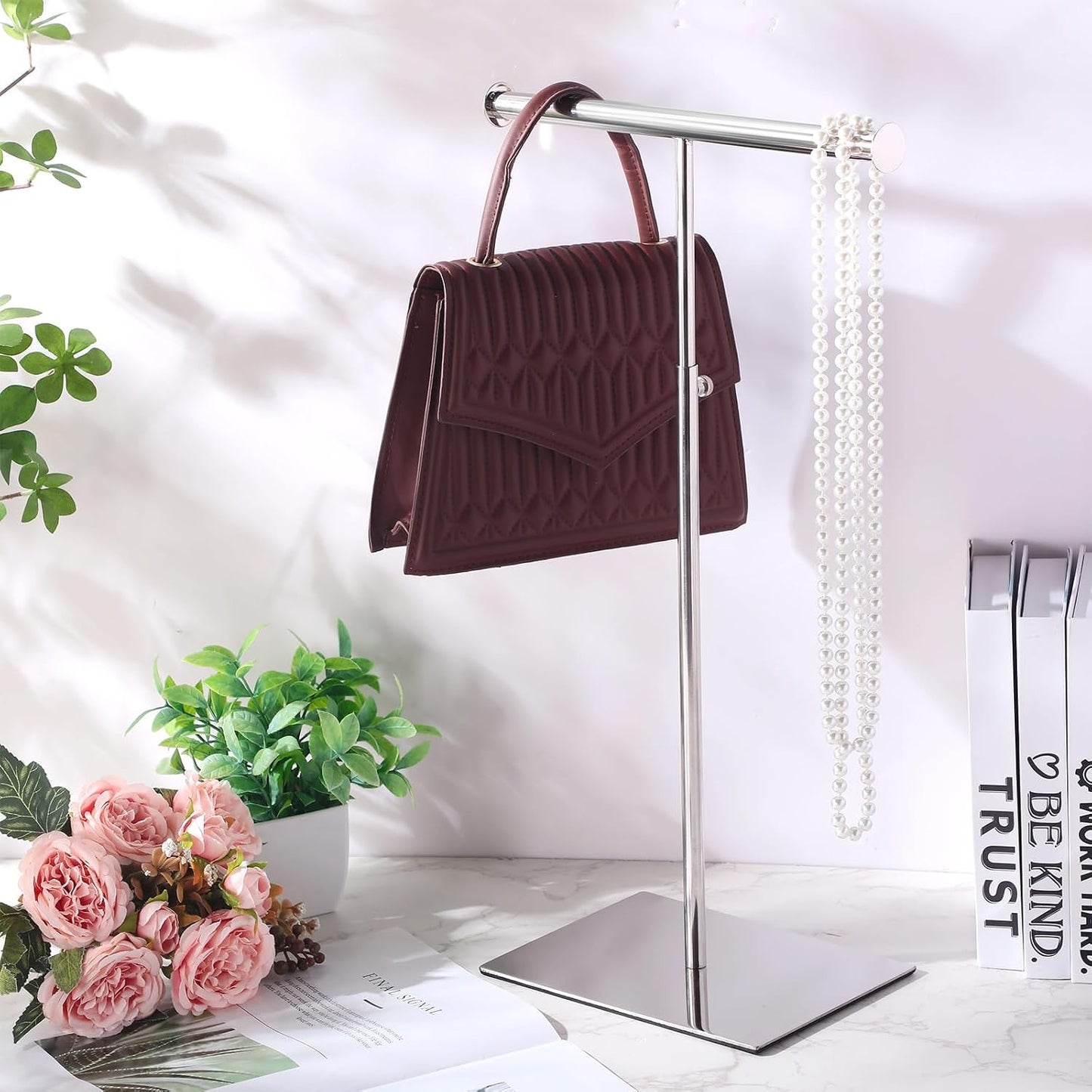 Leinuosen 4 Pcs T Shaped Purse Display Stand Necklace Display Stand Tabletop Adjustable Height Purse Hanger Rack