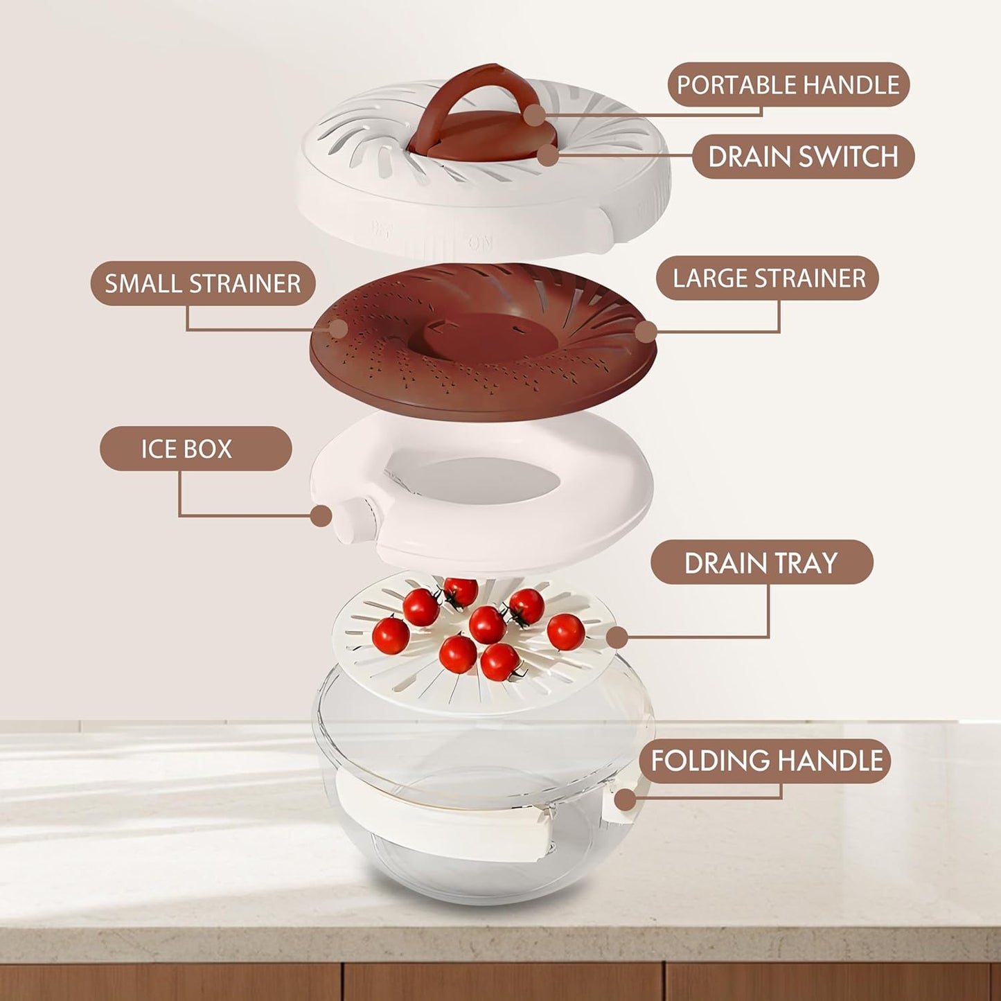 2025 New Upgrade Large Fruit Washing Bowl with Strainer(2.85QT),3 in 1 Multipurpose Drain Basket with Lid & Ice Box,Foldable Handle Fruit Strainer Perfect for Fridge Storage and Outdoor Picnics
