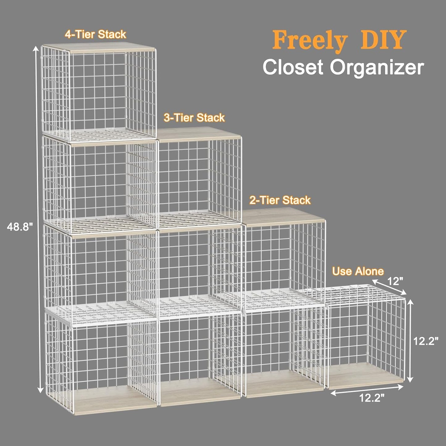 4 Pack Closet Organizers and Storage with Wood Top, Stackable Closet Shelf Organizer, Double Storage Design, Clothes Storage Basket/Cube Organizer for Wardrobe, Sturdy, White (Patent Pending) ﻿