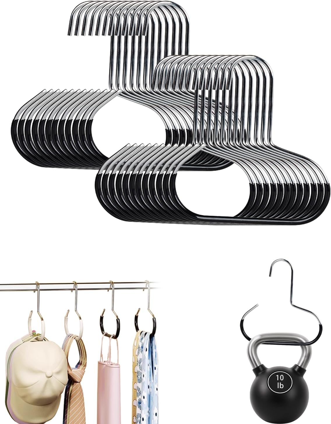 Durable Steel Hangers: Maximize Closet Space with Versatile Storage, Multifunctional Steel Hangers, Heavy Duty Closet Organizer Hooks for Hats, Scarves, Belts, Ties, Bra, Anti-Slip (Black, 24 PCS)