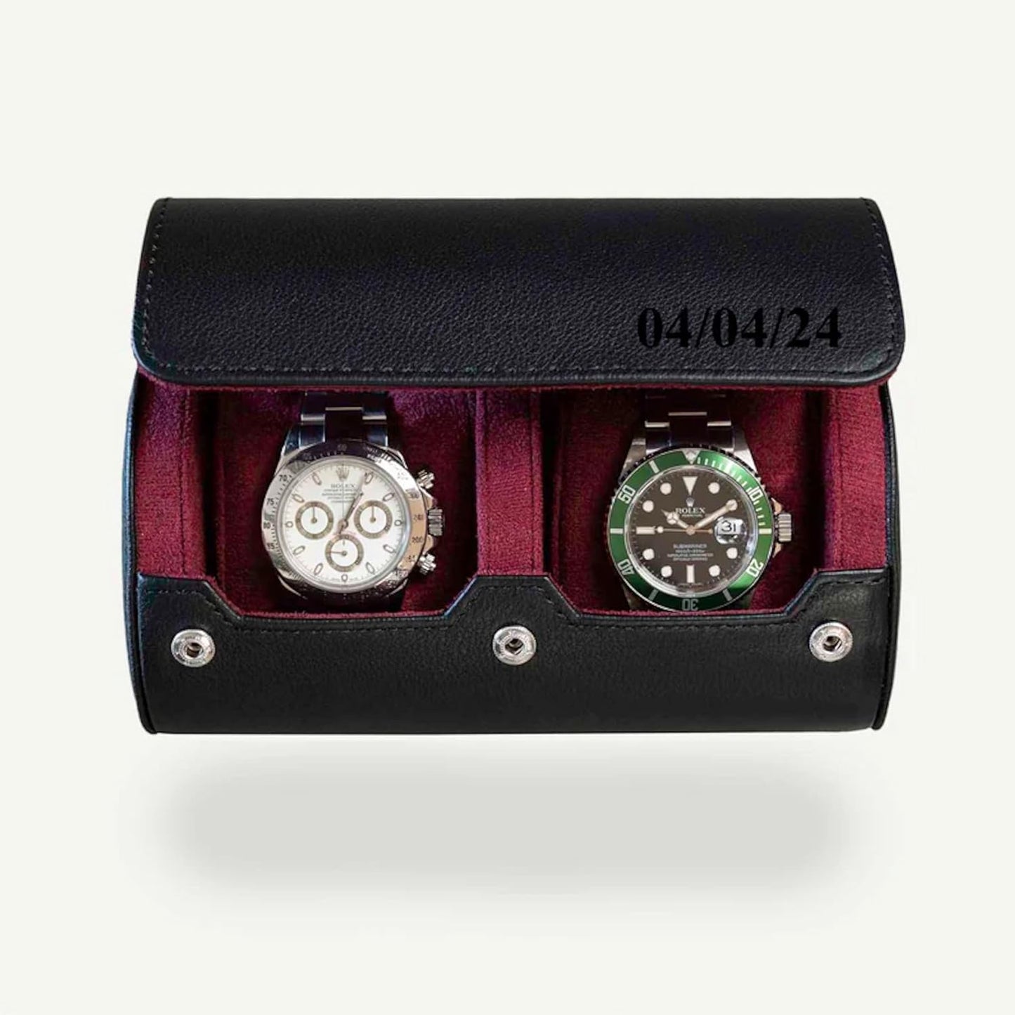 DailyWatch | Personalized Watch Roll Travel Case For 2 Watches - Handmade Genuine Leather Travel Case With Custom Engraving of Name or Initials - Black Cherry