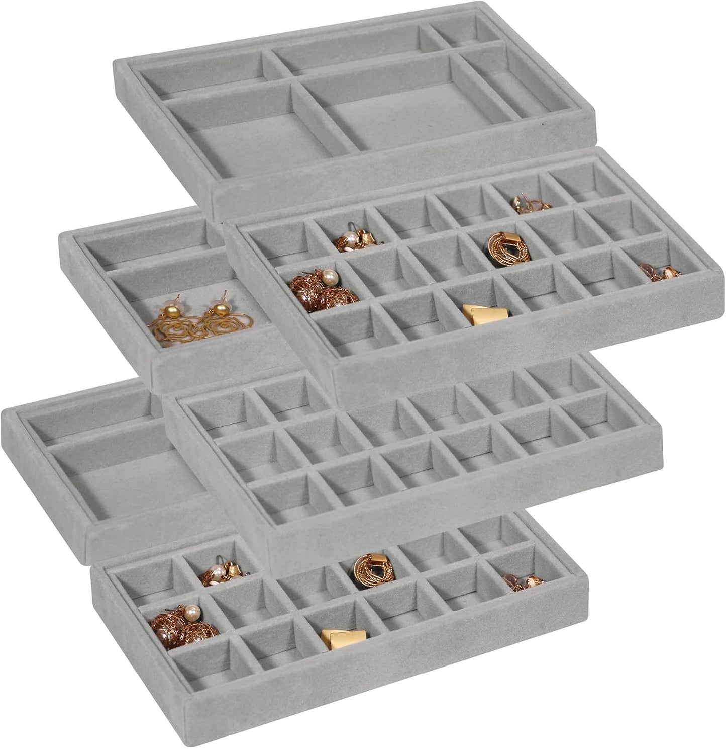 DIOMMELL 6 Pack Stackable Velvet Jewelry Trays Organizer, Jewelry Storage Box Display Trays Showcase Holder Closet Dresser Drawer Organizer for Earring Necklace Bracelet Ring Accessary, Grey