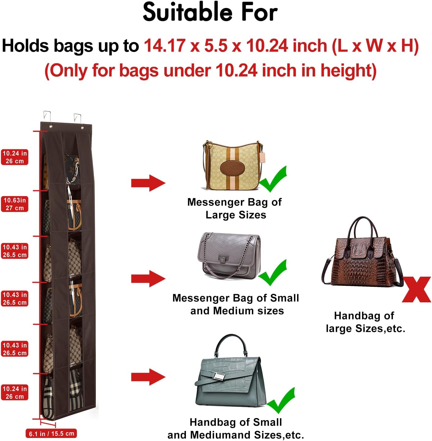 Lirex Over The Door Organizer, 2 Pack Handbag Storage with 6-Tier Space-Saving for Door or Closet, Handbag Hanger, Dark Brown