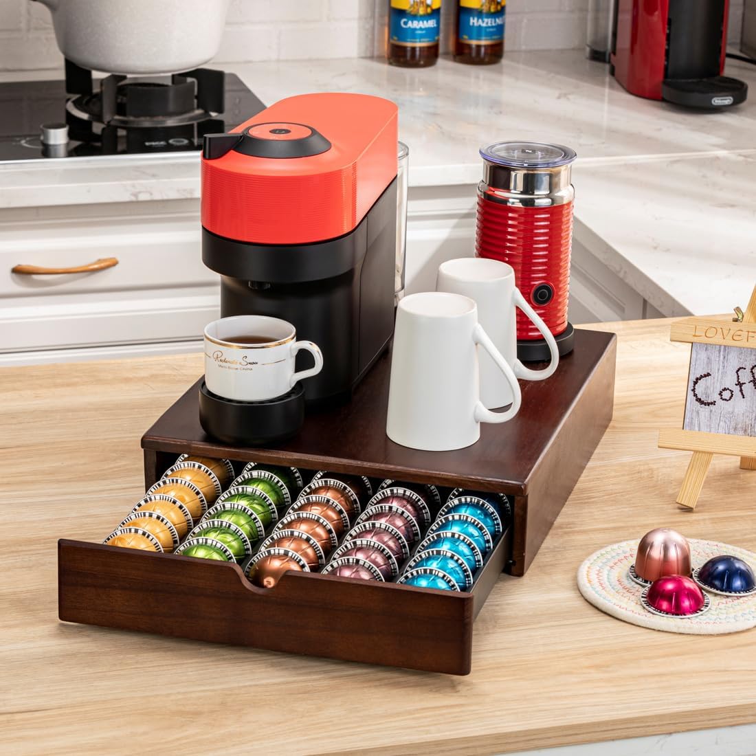FlagShip Nespresso Vertuo Pod Drawer Storage - Elegant Wood Frame, 50 Pod Capacity
