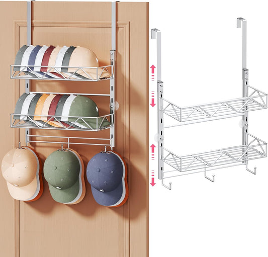 SWTYMIKI Over Door Hat Organizer - 3 Tier Wall Mounted Hat Rack with 2 Adjustable Metal Basket and 3 Hooks, Hanging Baseball Cap Organizer Storage Holds up to 29 Caps for Door, Bedroom, Closet