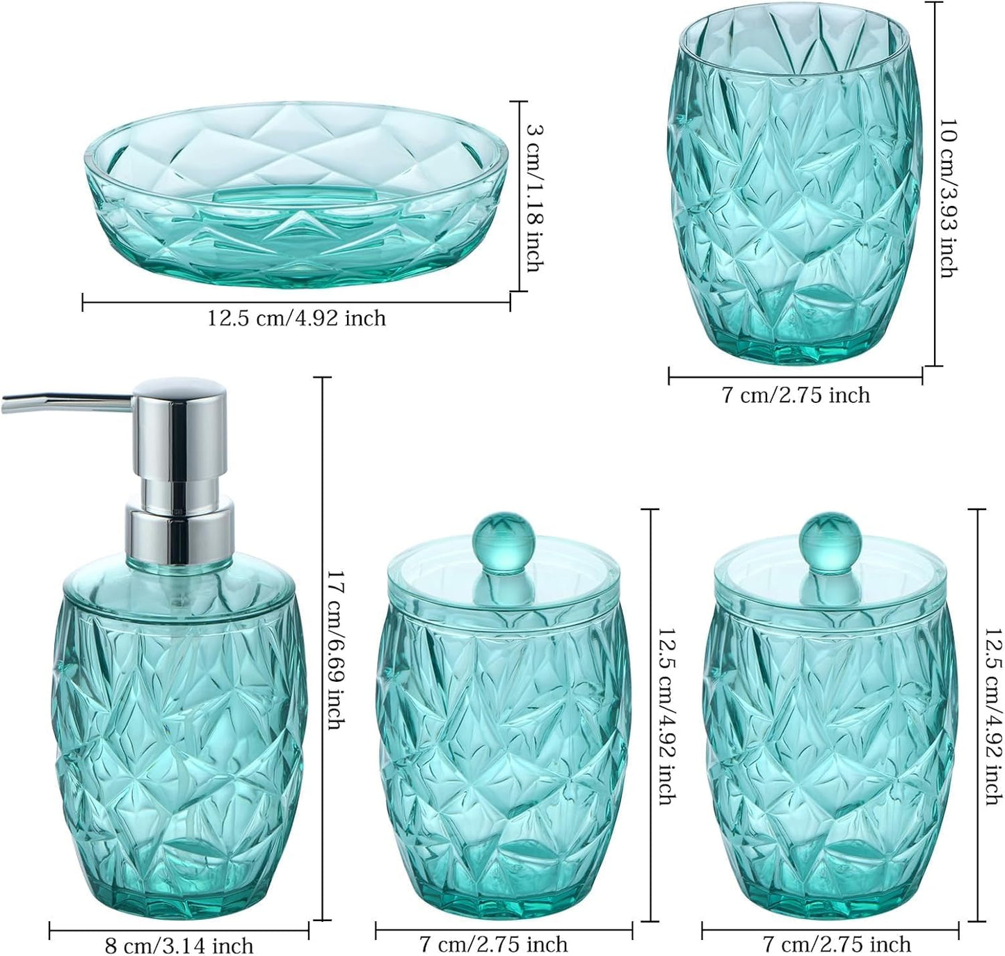 Shatterproof Acrylic Teal Blue Bathroom Accessories Set – Glass-Free, 5-Piece Vanity Set with Lotion Soap Dispenser, Toothbrush/Makeup Brush Holder, 2 Dust-Proof Cotton Jars, and Soap Dish