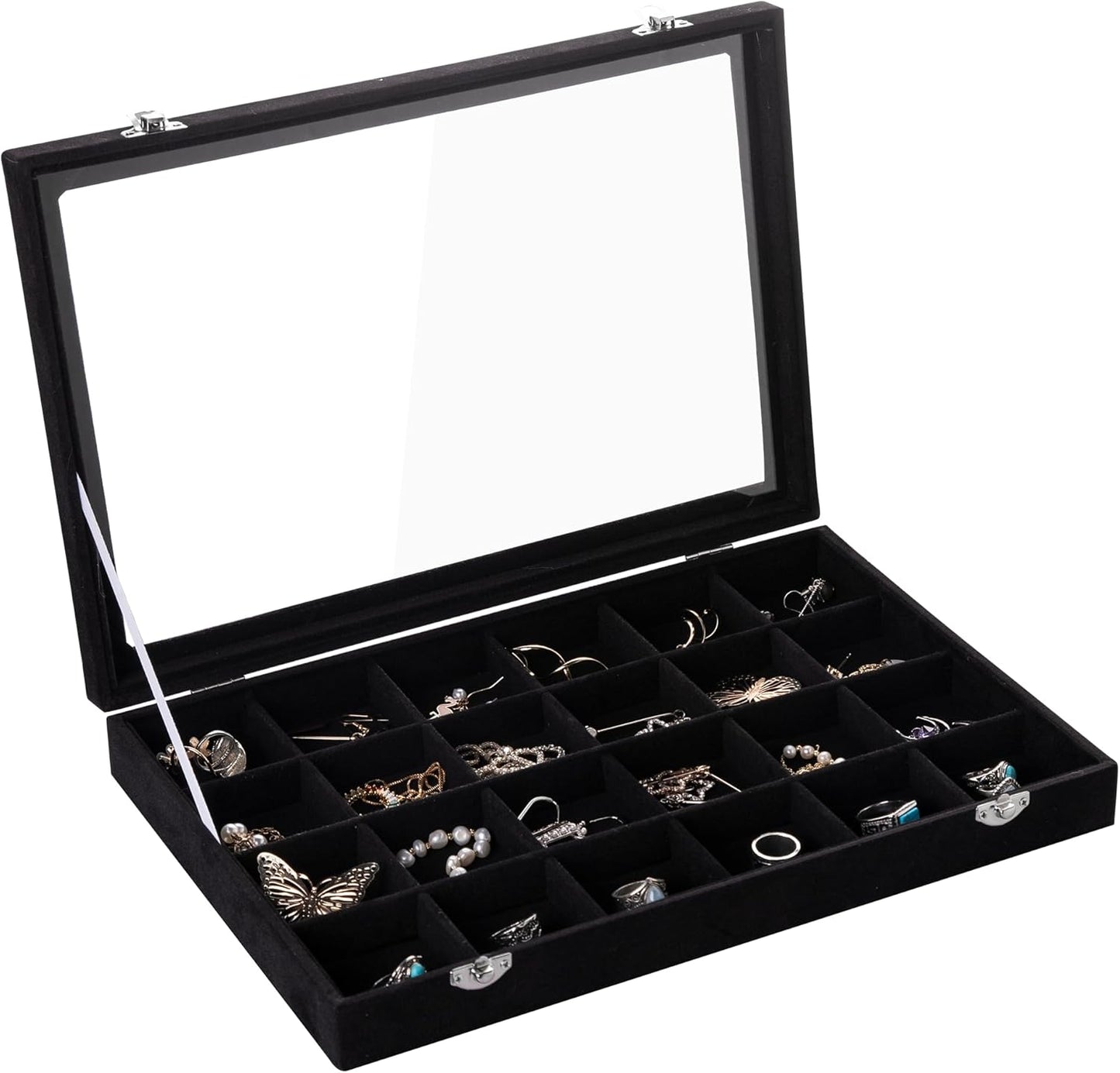 Frebeauty Velvet Jewelry Tray,24 Grid Jewelry Organizer with Clear Lid,Earring Holder Organizer with Clasp,Drawer Insert Rings Pendants Brooches,13.8 x 9.5 x 2 Inches,Gift for Women Girls(Black)