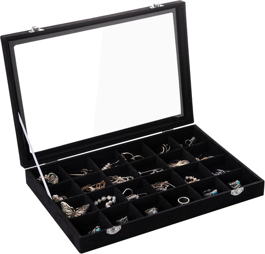 Frebeauty Velvet Jewelry Tray,24 Grid Jewelry Organizer with Clear Lid,Earring Holder Organizer with Clasp,Drawer Insert Rings Pendants Brooches,13.8 x 9.5 x 2 Inches,Gift for Women Girls(Black)