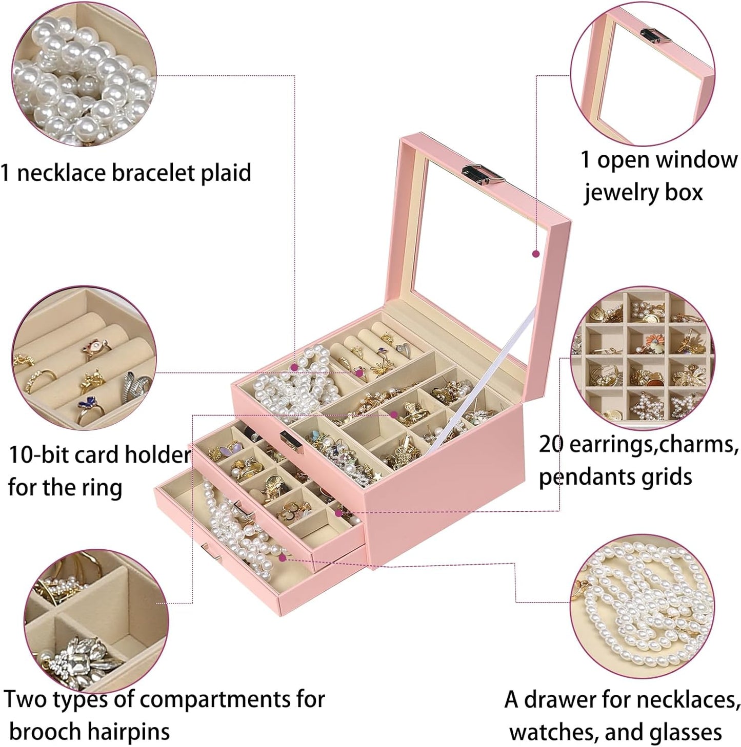 BOOVO Clear Lid Jewelry Box,3 Layers Jewelry Organizer Large Multi-Functional Jewelry Storage Box with 2 Drawers,Jewelry Display Case of Rings Earrings Necklace Bracelets for Women Girls (Pink)