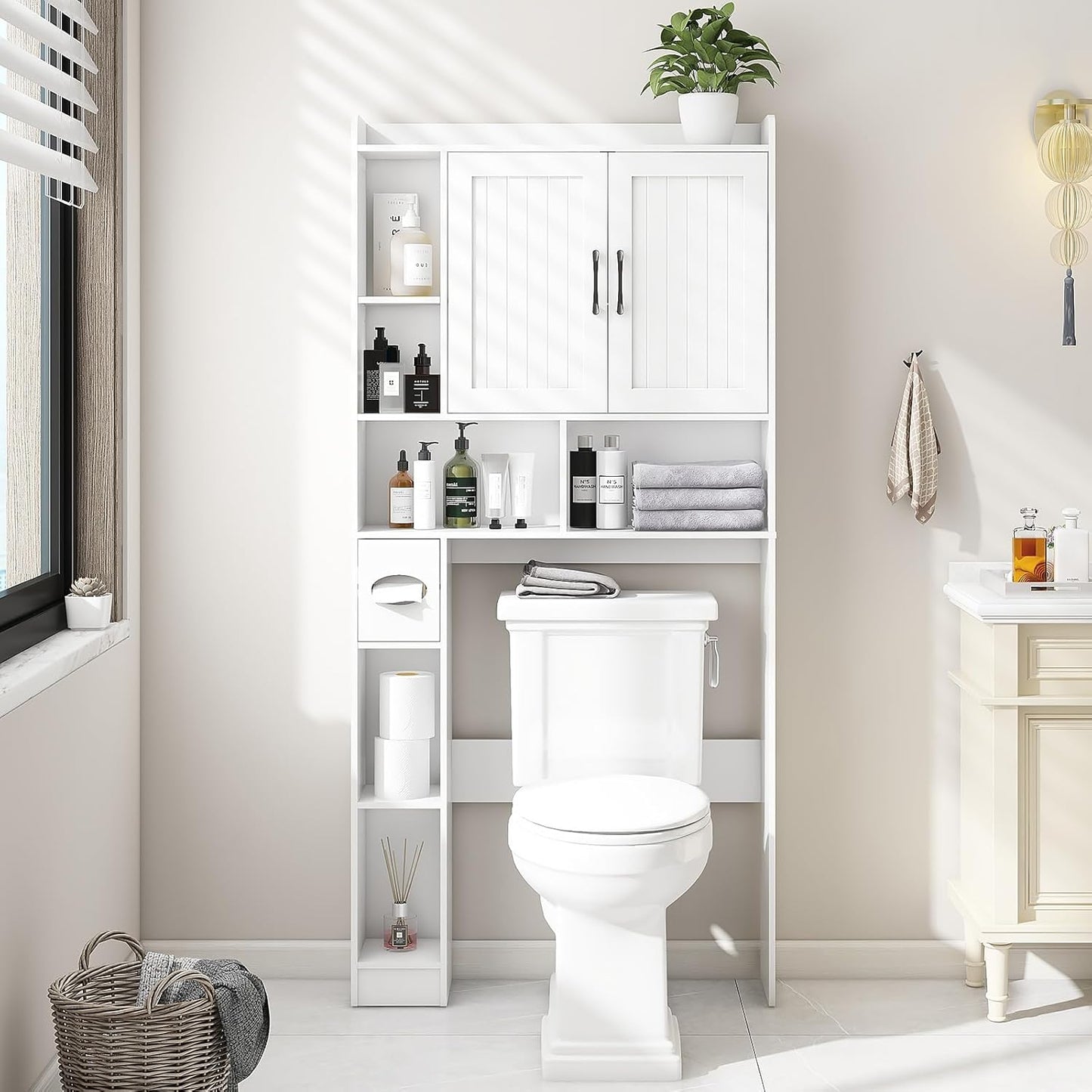 Over The Toilet Storage Cabinet, Farmhouse Storage Cabinet Over Toilet with Barn Door，Home Space-Saving Toilet Rack, for Bathroom, Restroom, Laundry