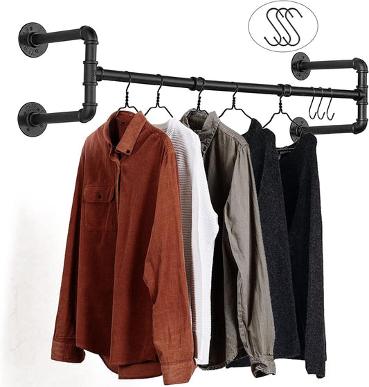 Wall Mounted Clothes Rack - 54" Industrial Pipe Clothing Garment Rack, Space-Saving Heavy Duty Detachable Black Iron Clothes Hanger Pole, Multi-Purpose Hanging Rod for Closet Storage, 4 Base