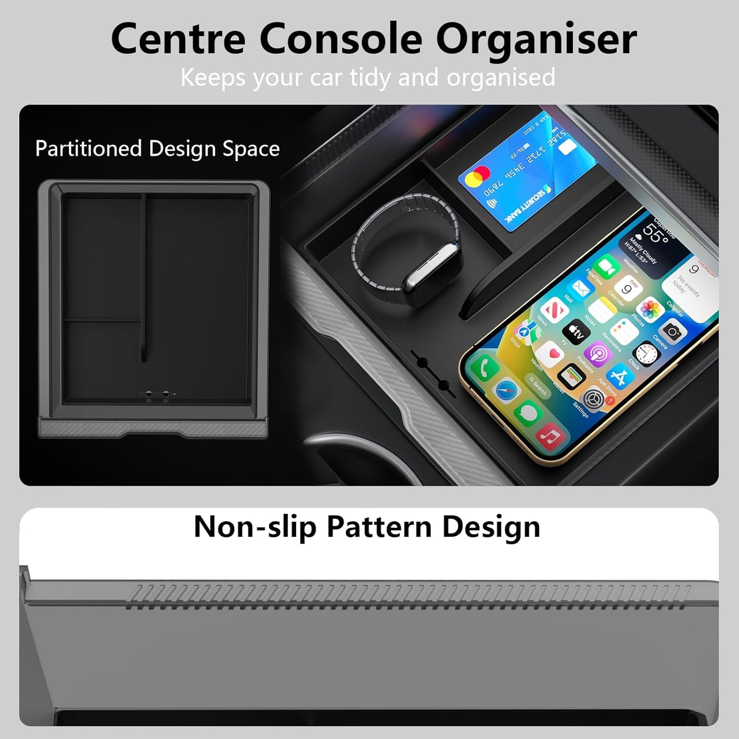 Farmogo 2025 Center Console Organizer Tray for Tesla Model Y Juniper & Model 3 Highland 2025/2026 [Slide Smoothly, PC+Silicone] for Tesla New Model 3 & Model Y Accessories, Set of 4 Transparent Gray