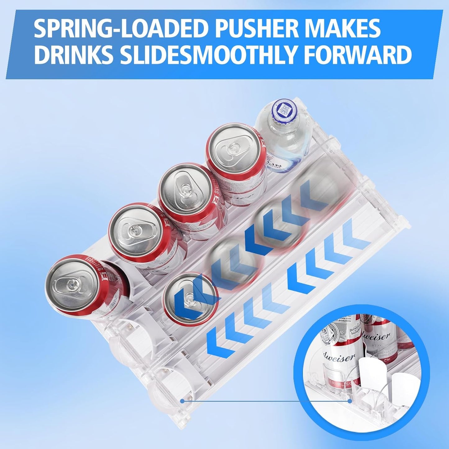 SOLY Drink Organizer for Fridge, Soda Can Dispenser for Refrigerator, Automatic Drink Dispenser Holds 6–20oz, 5 Row, 14.96" Deep