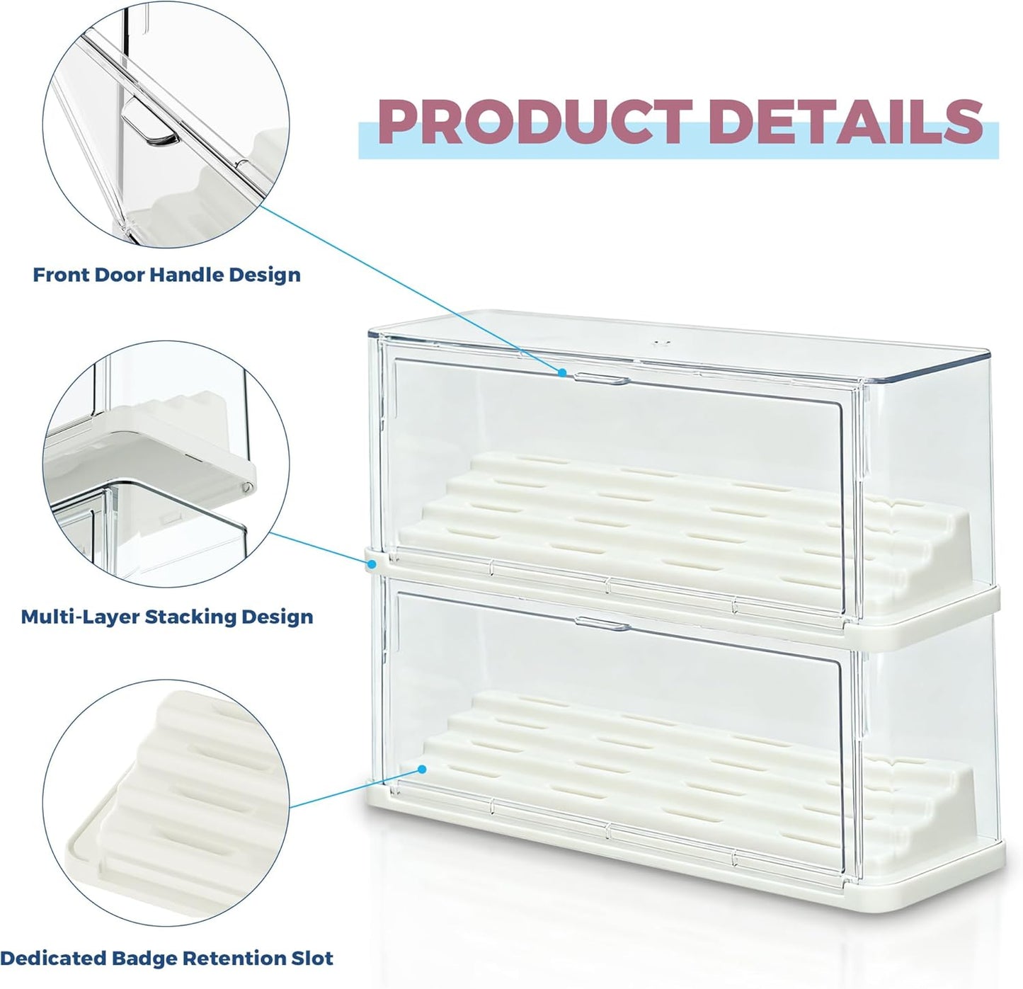 2 Pack Button Pin Display Case – 4-Tier Clear Badge Storage Box, Stackable Dustproof Pin Organizer with Front Door for Button Pins, Enamel Pins, and Collectibles (White-2 Pack)